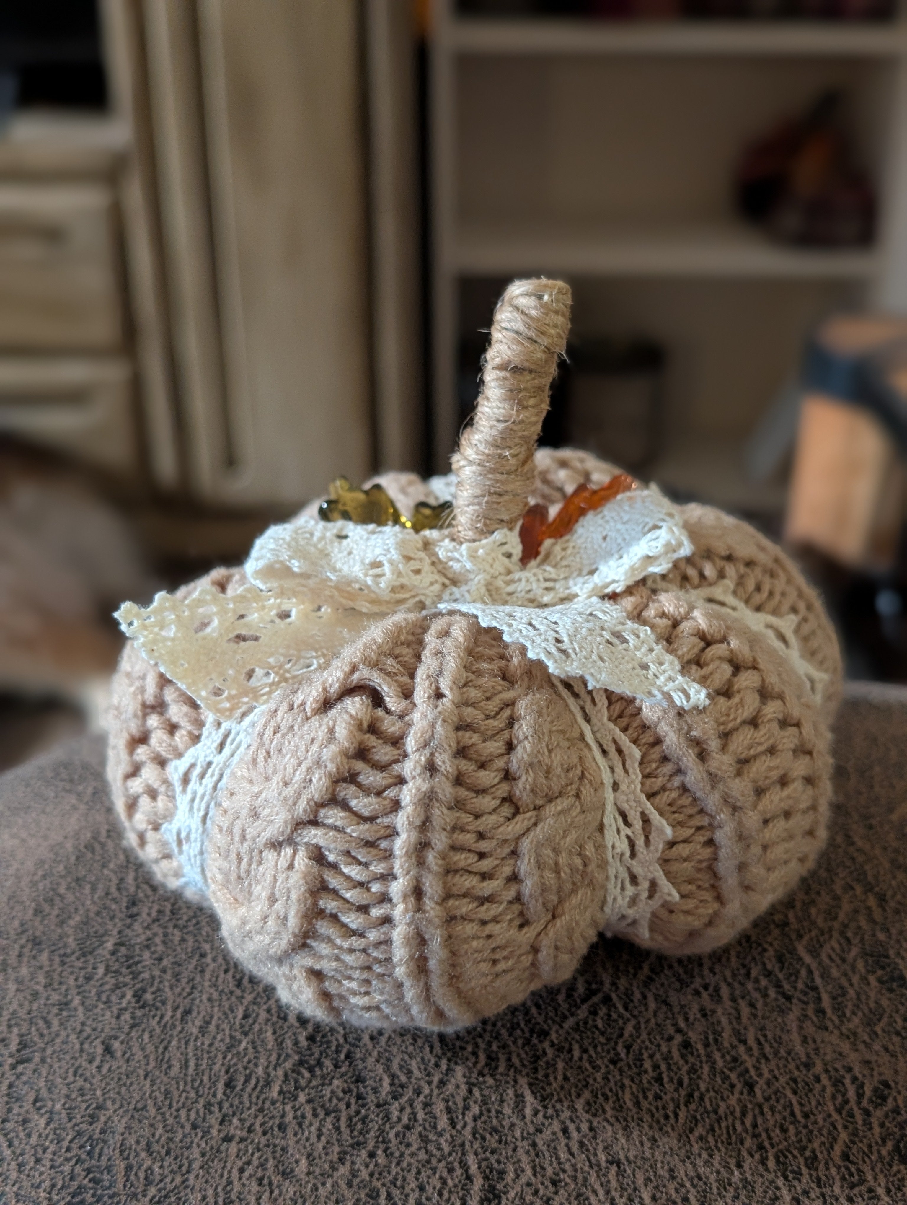 Small Upcycled Sweater Pumpkin with Twine Stem & Lace Bow | Handmade Fall Decor