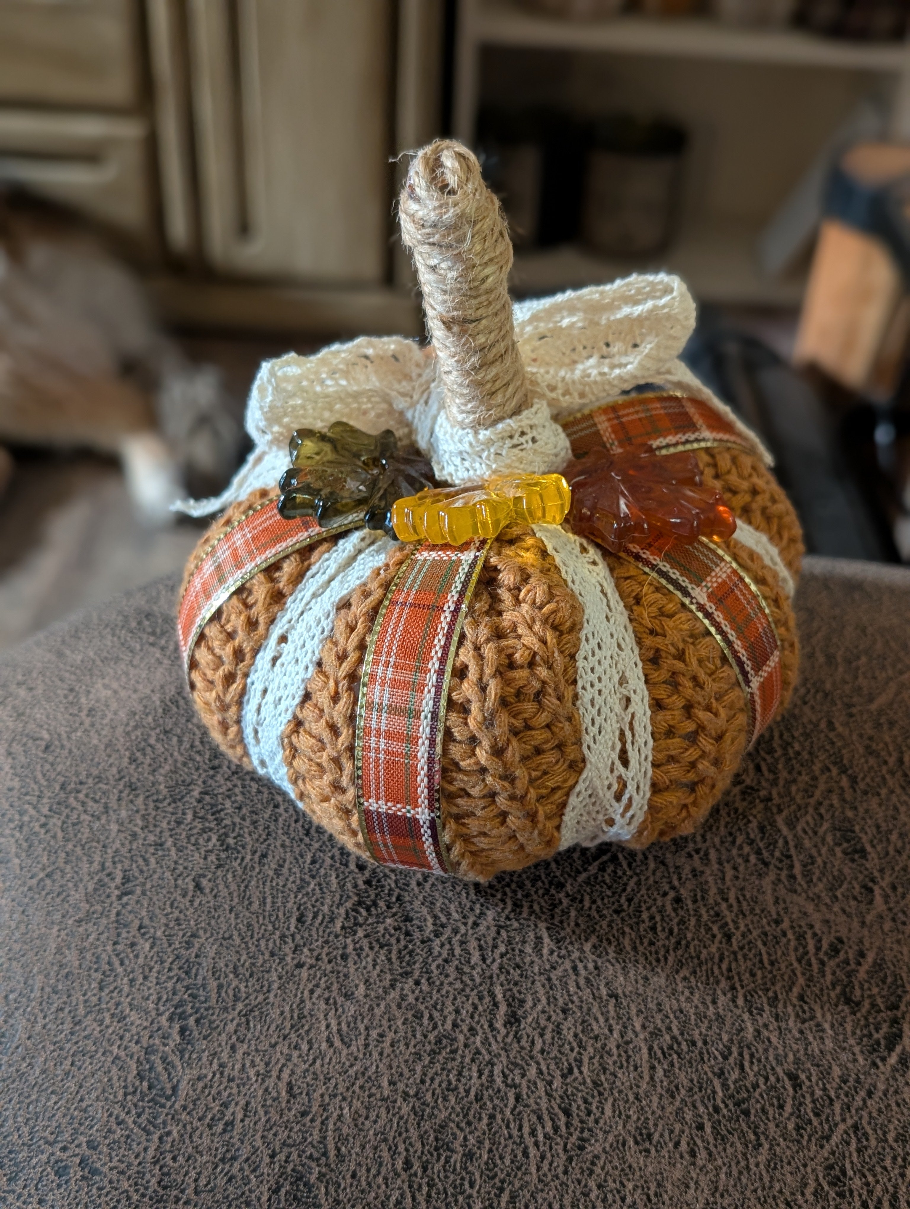 Medium Upcycled Sweater Pumpkin - Handmade Fall Decor