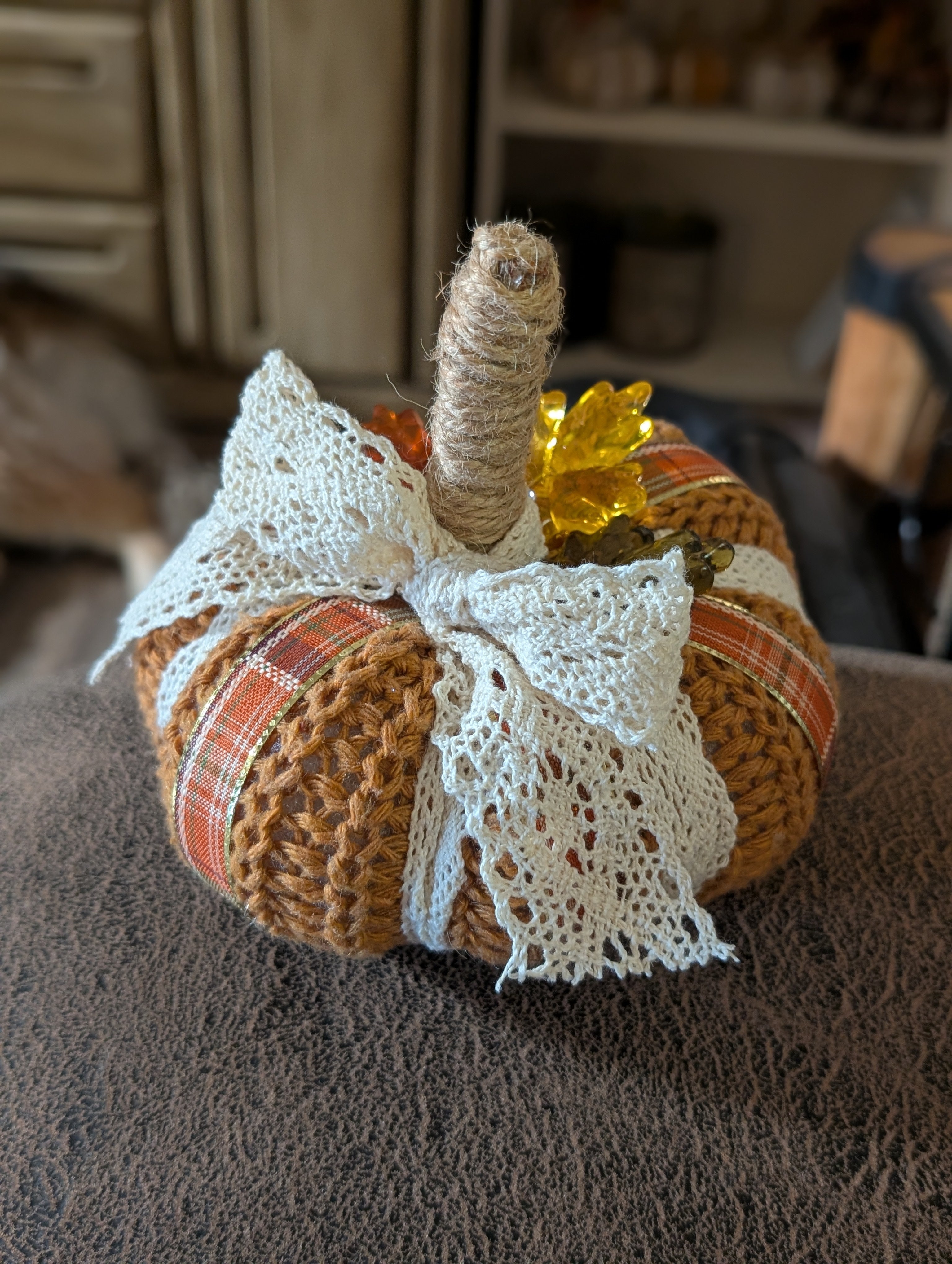 Medium Upcycled Sweater Pumpkin with Plaid Ribbon & Lace Bow | Handmade Fall Decor