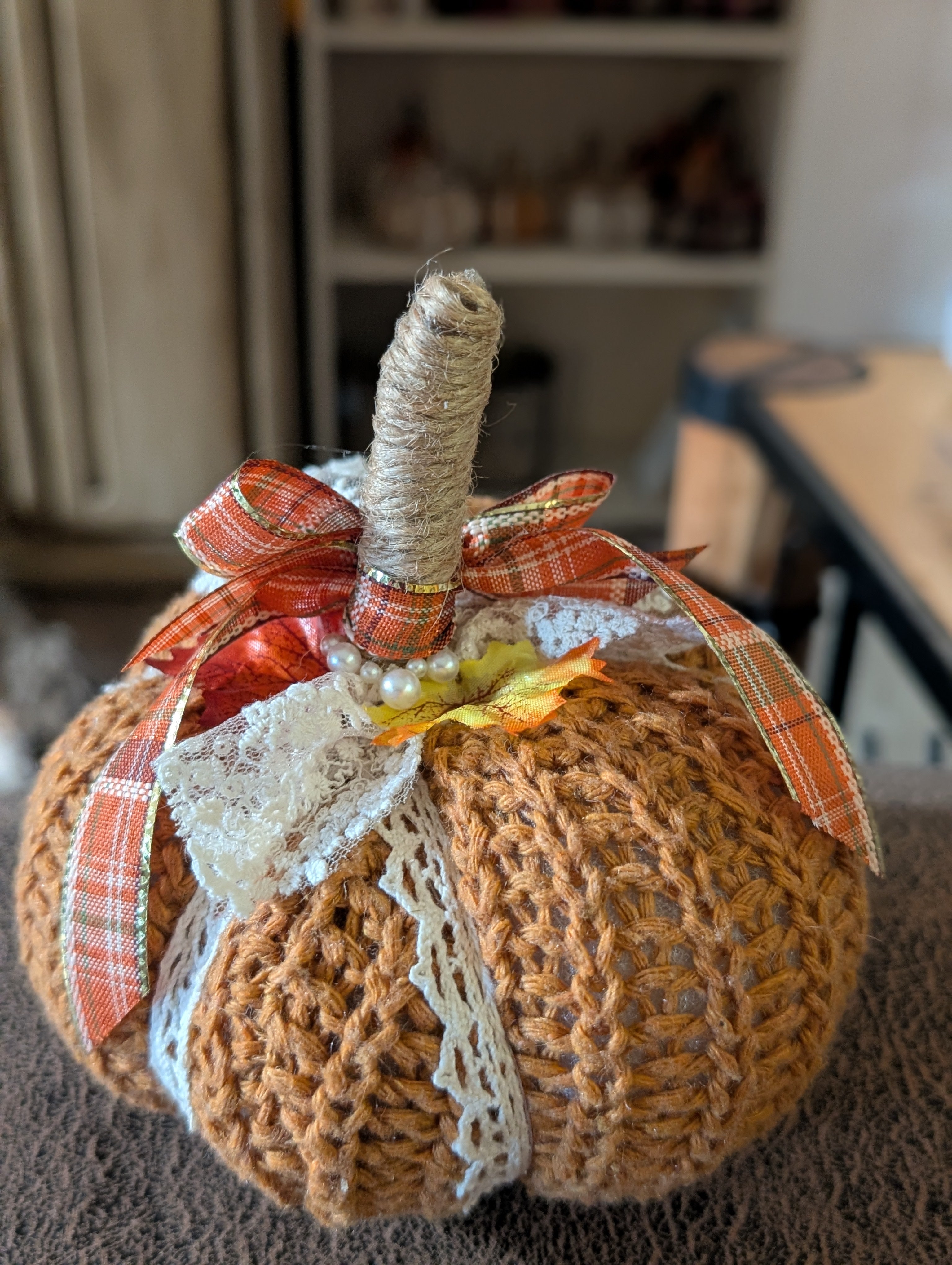 Medium Upcycled Sweater Pumpkin with Pearls & Lace Leaves | Handmade Fall Decor