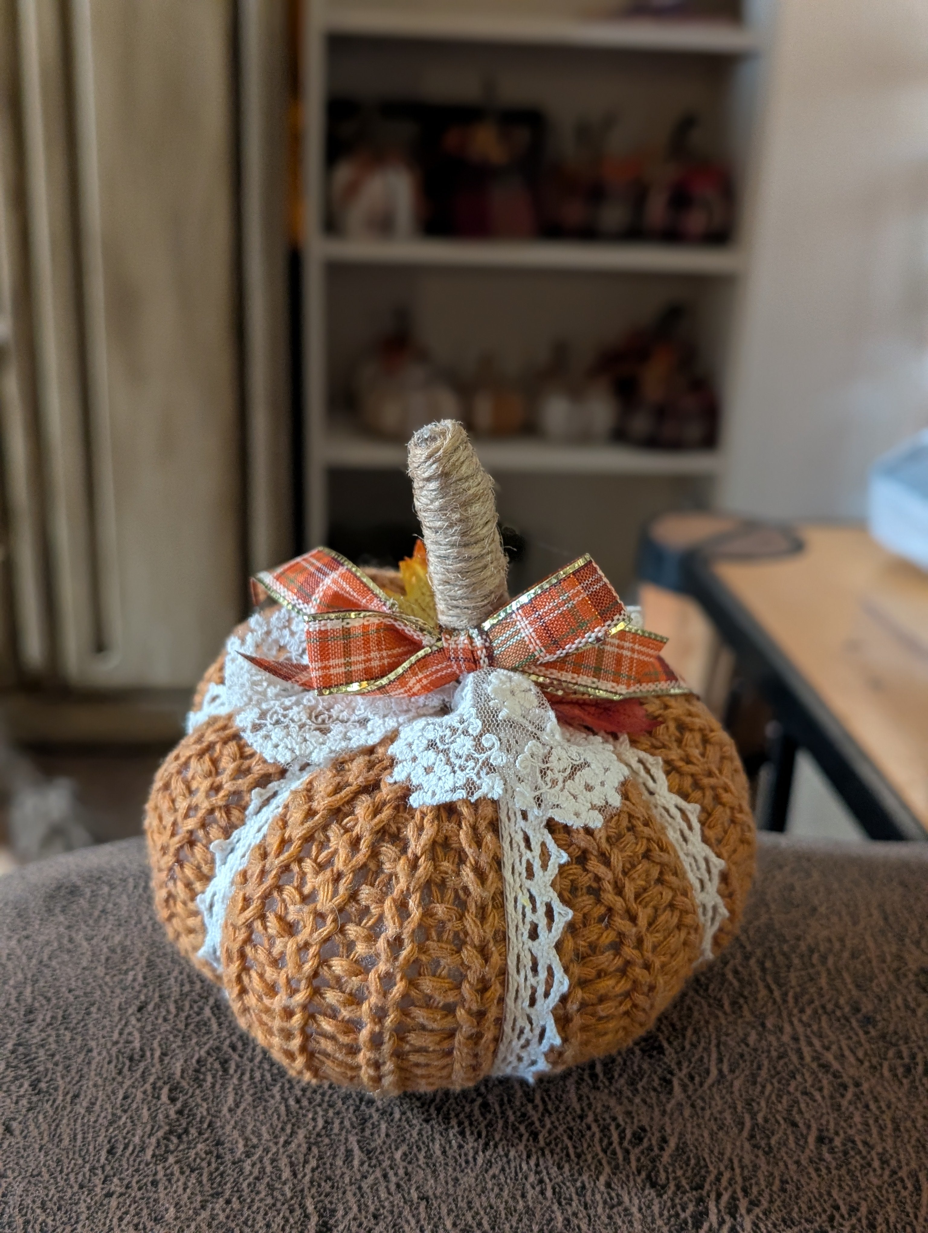 Medium Upcycled Sweater Pumpkin with Pearls & Lace Leaves | Handmade Fall Decor