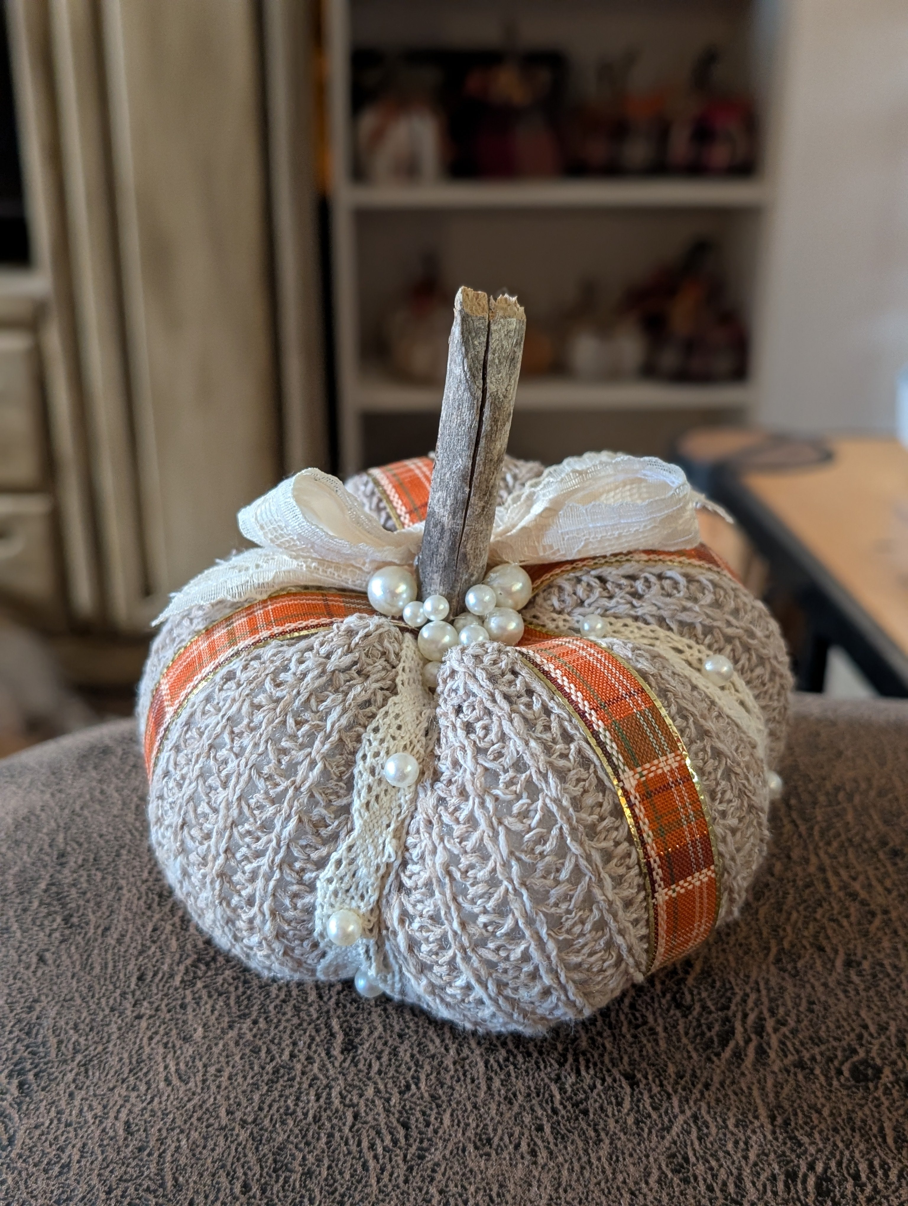 Medium Upcycled Sweater Pumpkin with Lacy Ribbon Bow & Pearls | Handmade Fall Decor