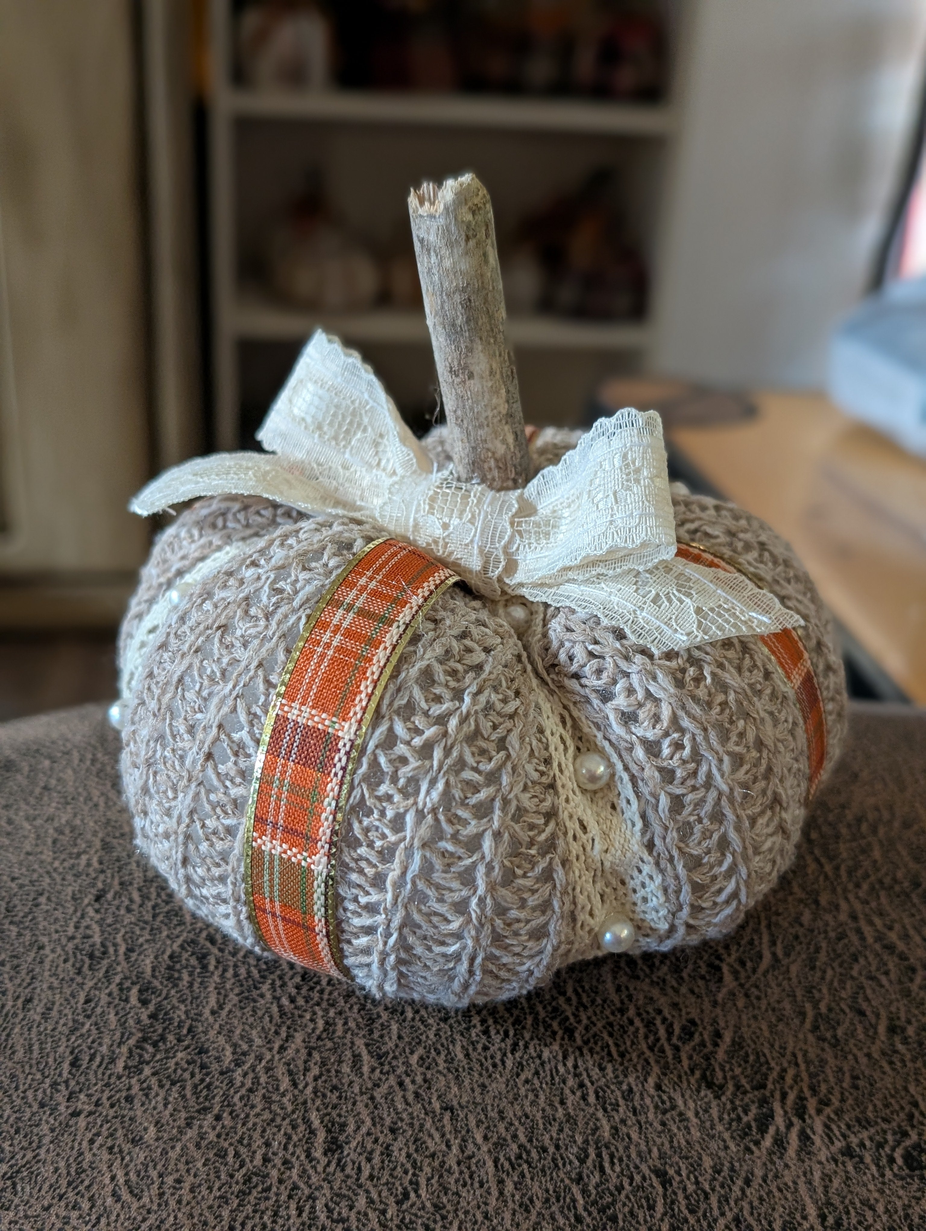 Medium Upcycled Sweater Pumpkin with Lacy Ribbon Bow & Pearls | Handmade Fall Decor