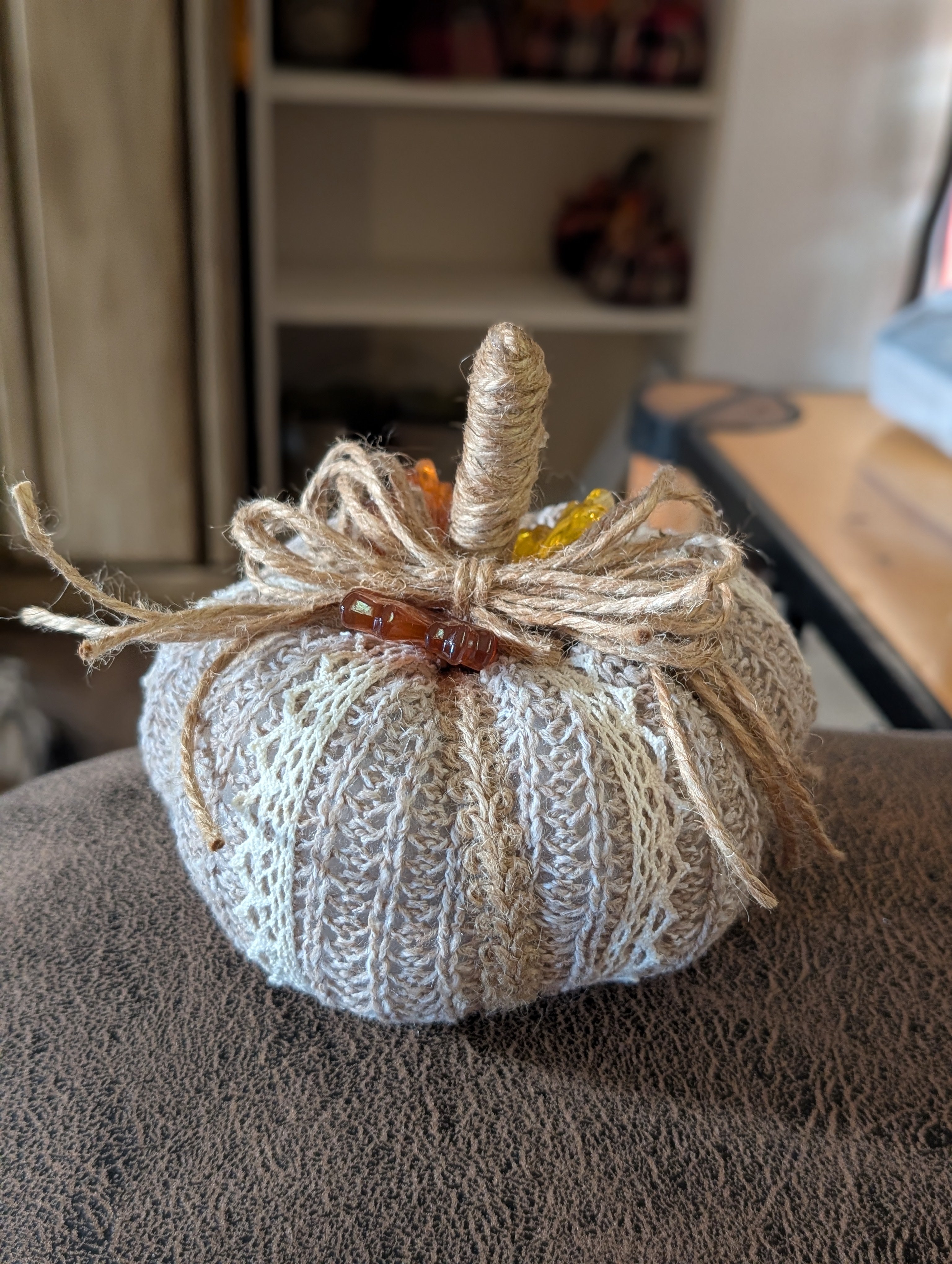 Medium Upcycled Sweater Pumpkin with Twine Bow & Lace | Handmade Fall Decor