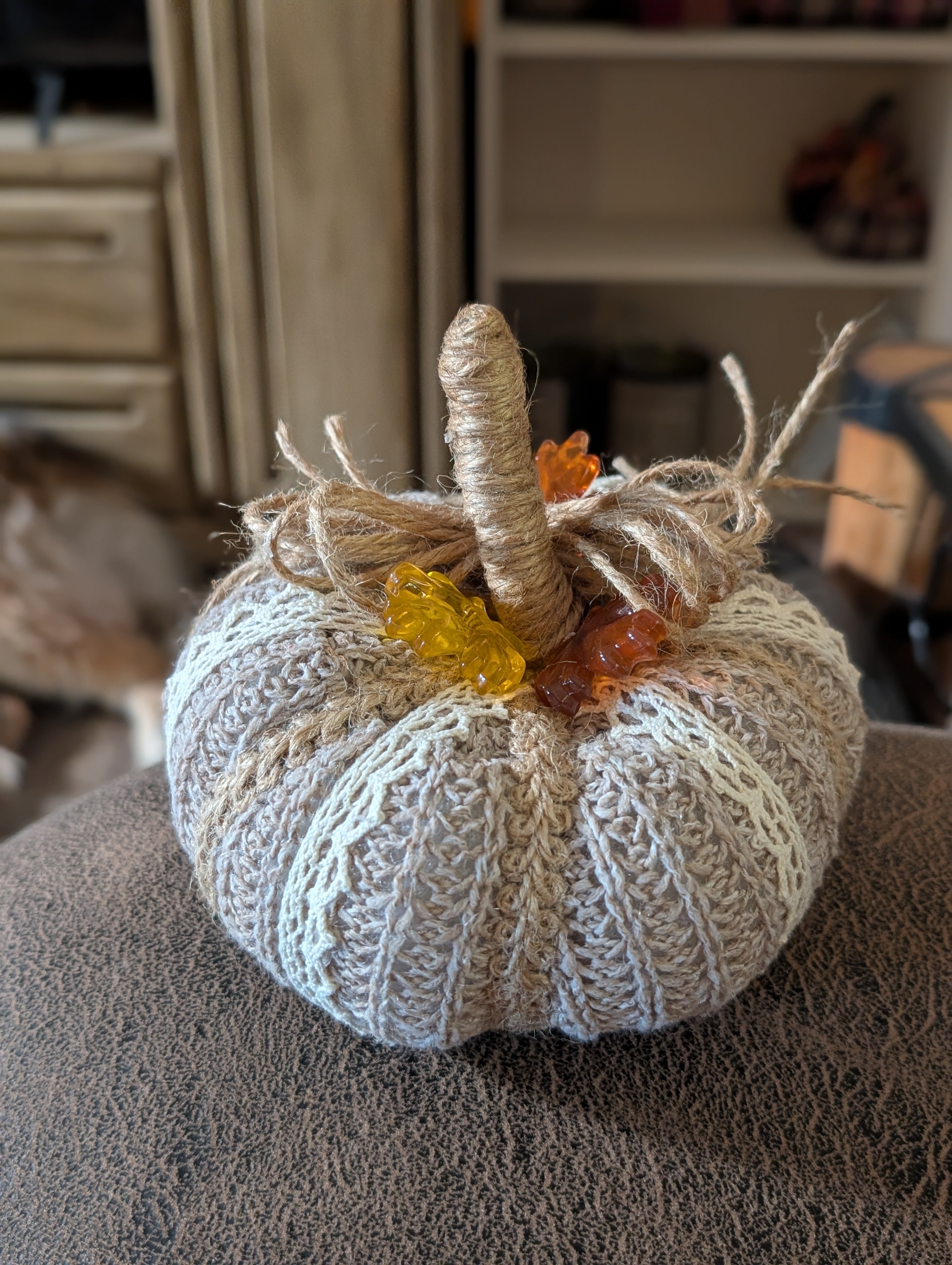 Medium Upcycled Sweater Pumpkin with Twine Bow & Lace | Handmade Fall Decor