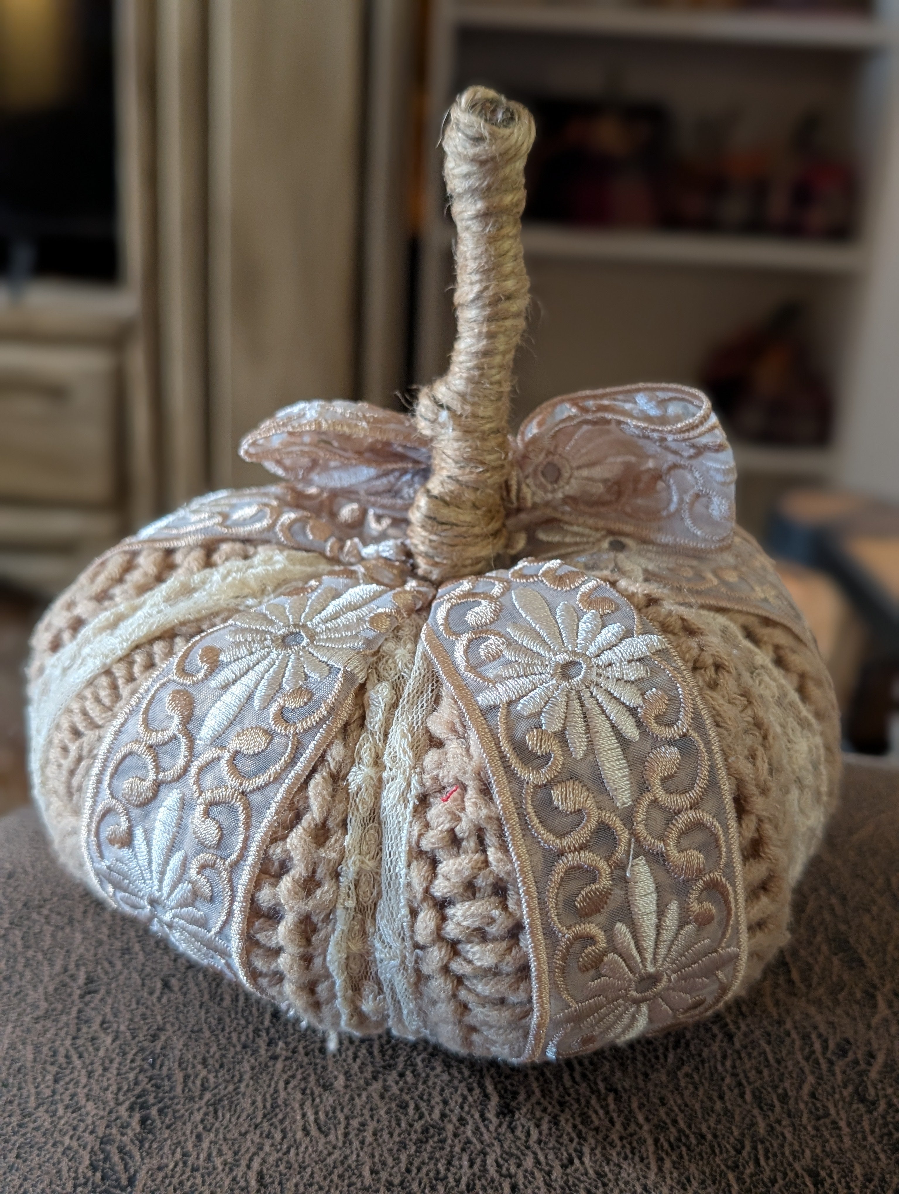 Medium Upcycled Sweater Pumpkin with Floral Lace Trim & Bow | Handmade Fall Decor