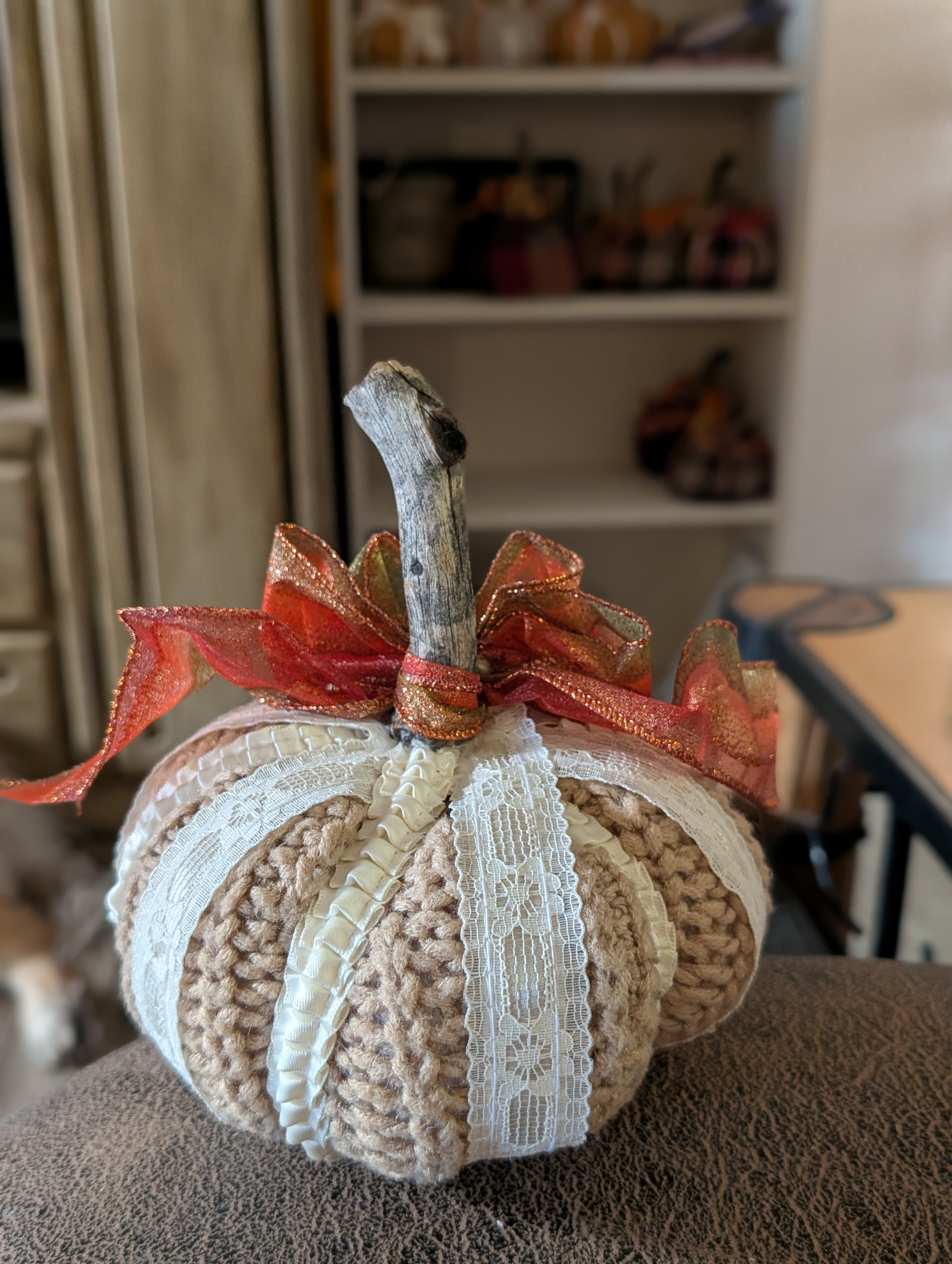 Medium Upcycled Sweater Pumpkin with Tri-Color Sheer Ribbon Bow | Handmade Fall Decor