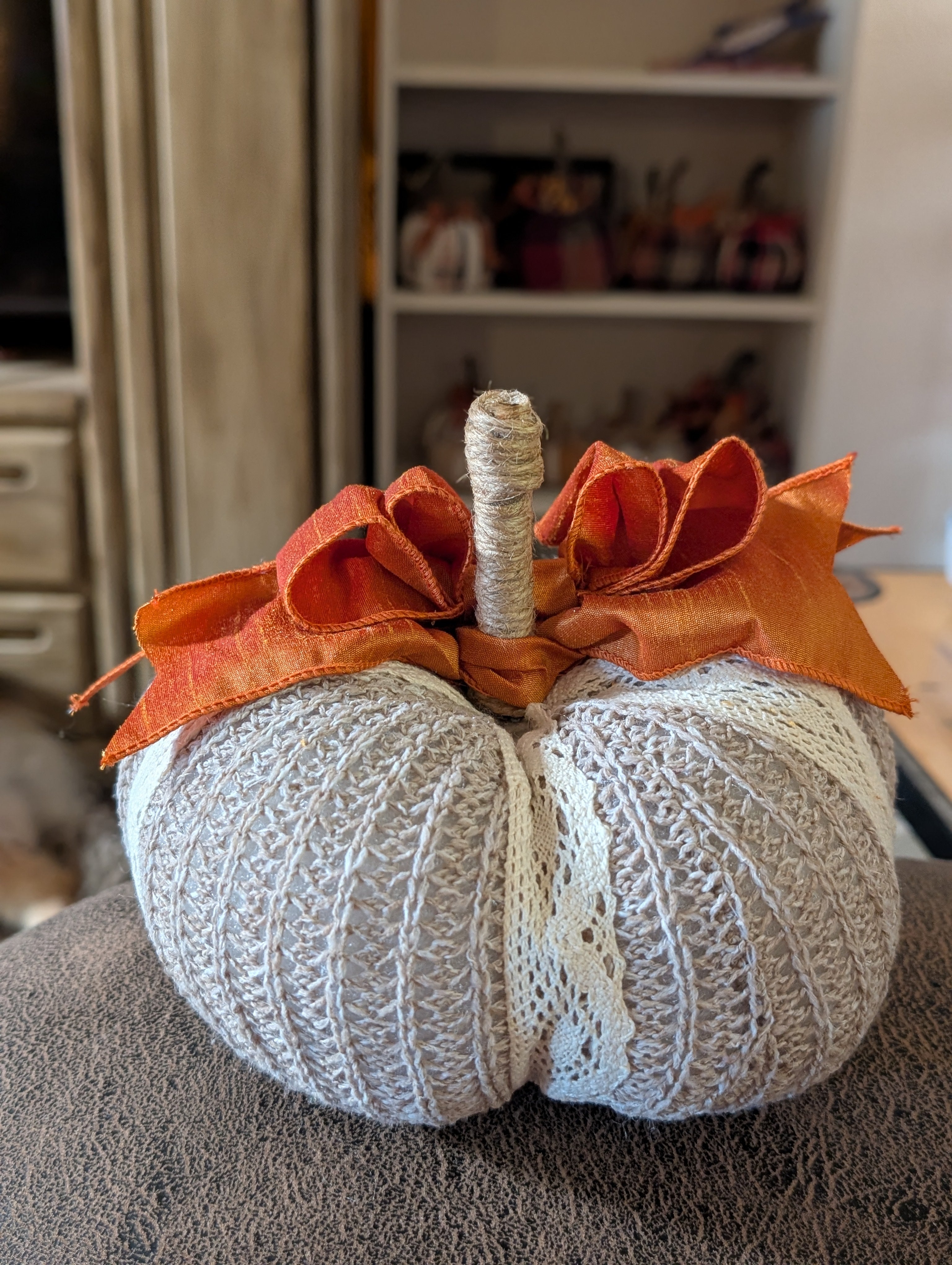 Large Upcycled Sweater Pumpkin with Orange Ribbon Bow | Handmade Fall Decor