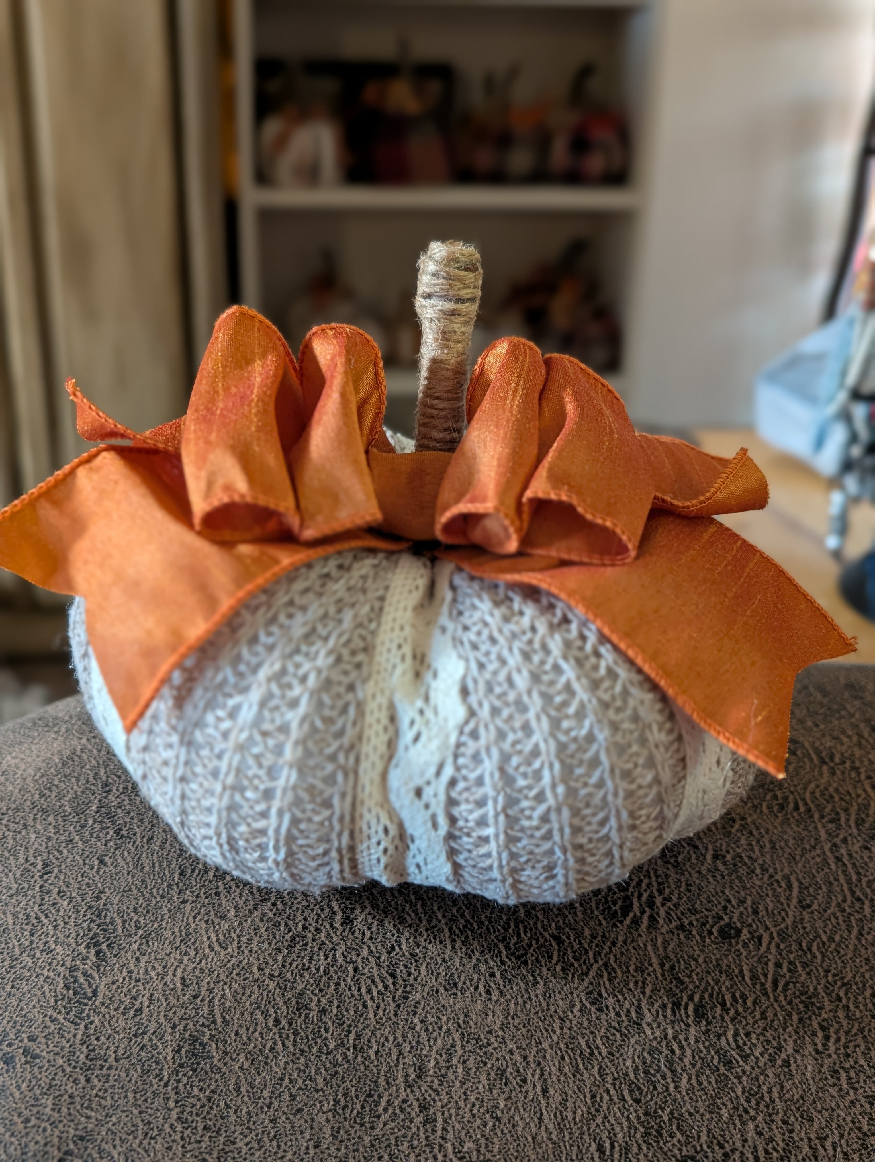 Large Upcycled Sweater Pumpkin with Orange Ribbon Bow | Handmade Fall Decor