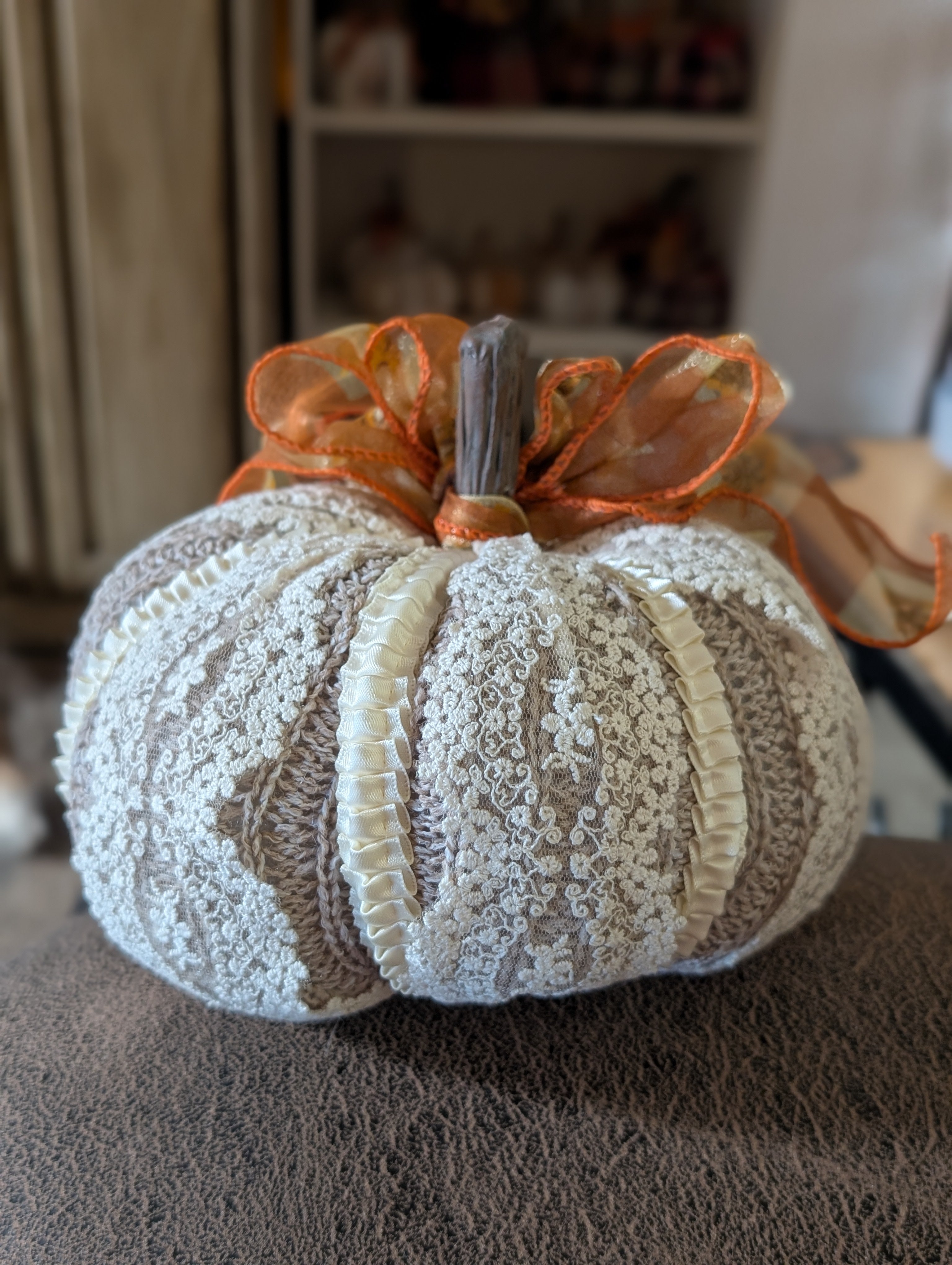 Large Upcycled Sweater Pumpkin with Sheer Ribbon Bow & Satin Trim | Handmade Fall Decor