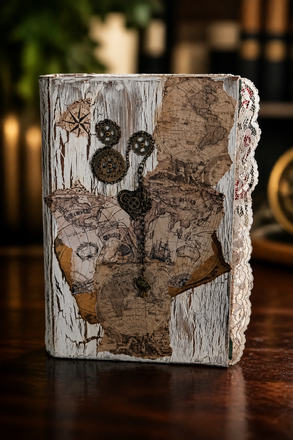 Handmade Travel Junk Journal with Gears & Chain - Upcycled Vintage Ephemera