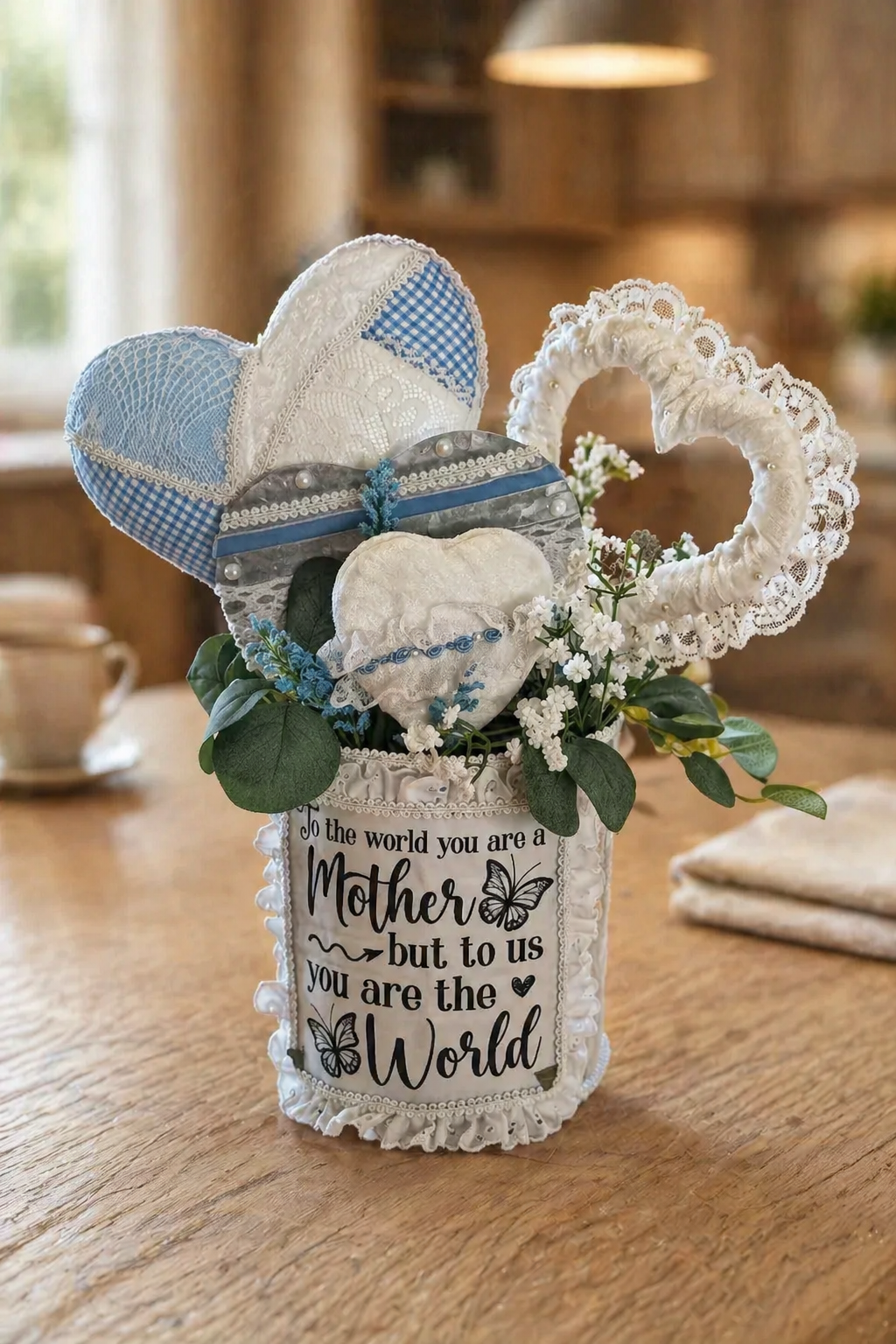 Handmade Heart Arrangement in Upcycled Tin — Rustic Cottagecore Mother’s Day Gift