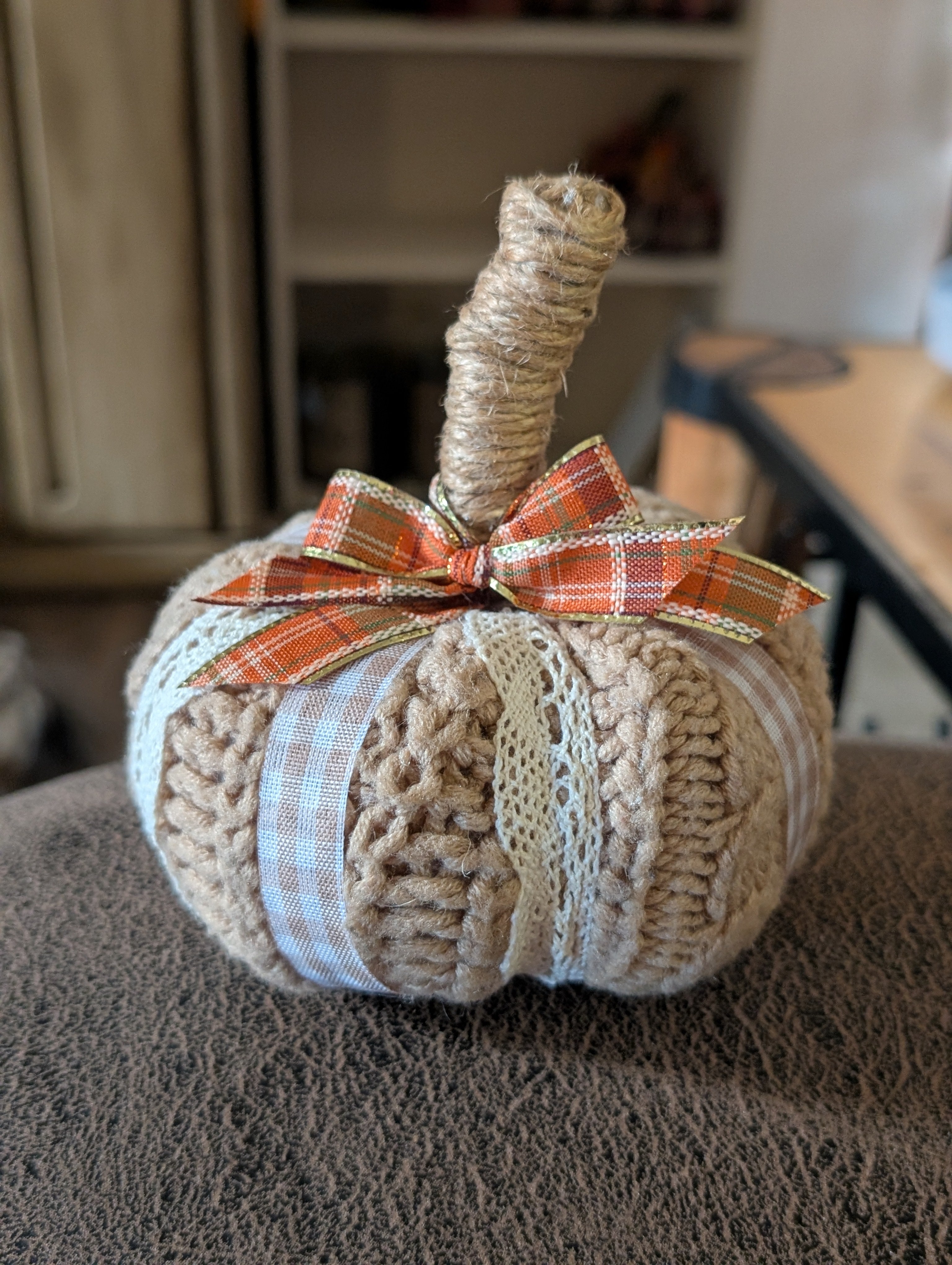 Small Upcycled Sweater Pumpkin with Ribbon - Handmade Fall Decor