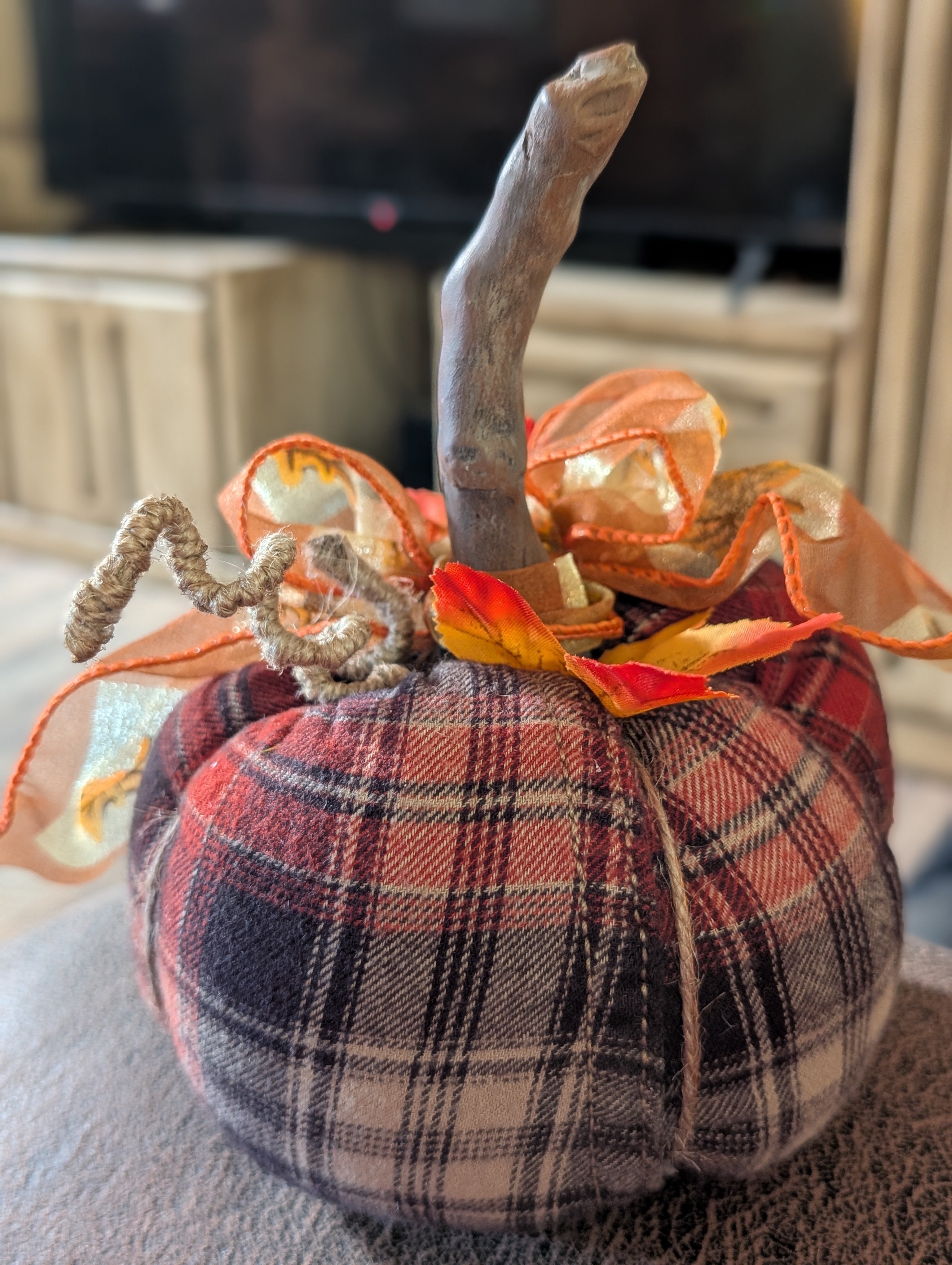 Medium Upcycled Flannel Pumpkin - Handmade Fall Decor
