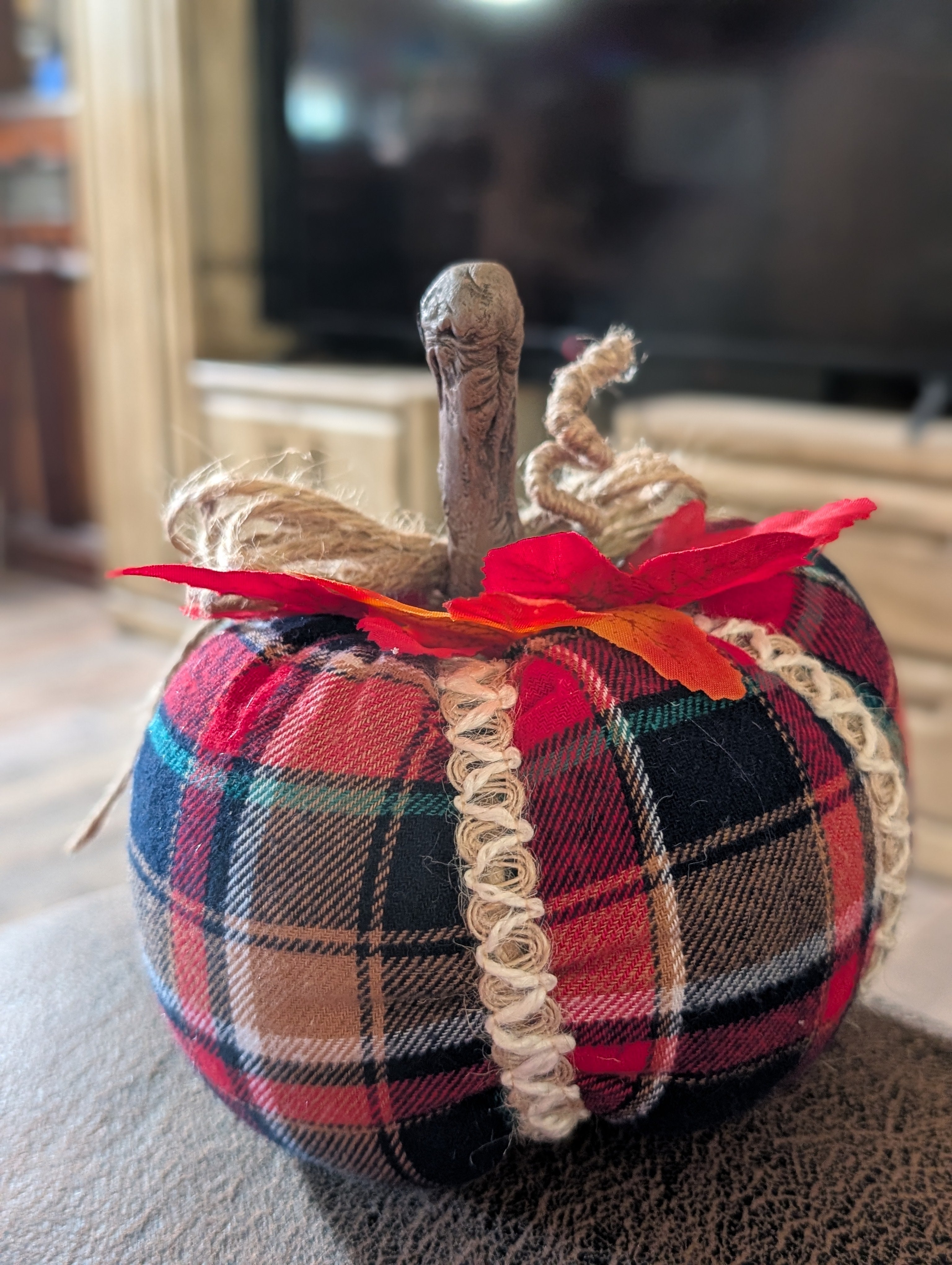 Medium Upcycled Flannel Pumpkin - Handmade Fall Decor