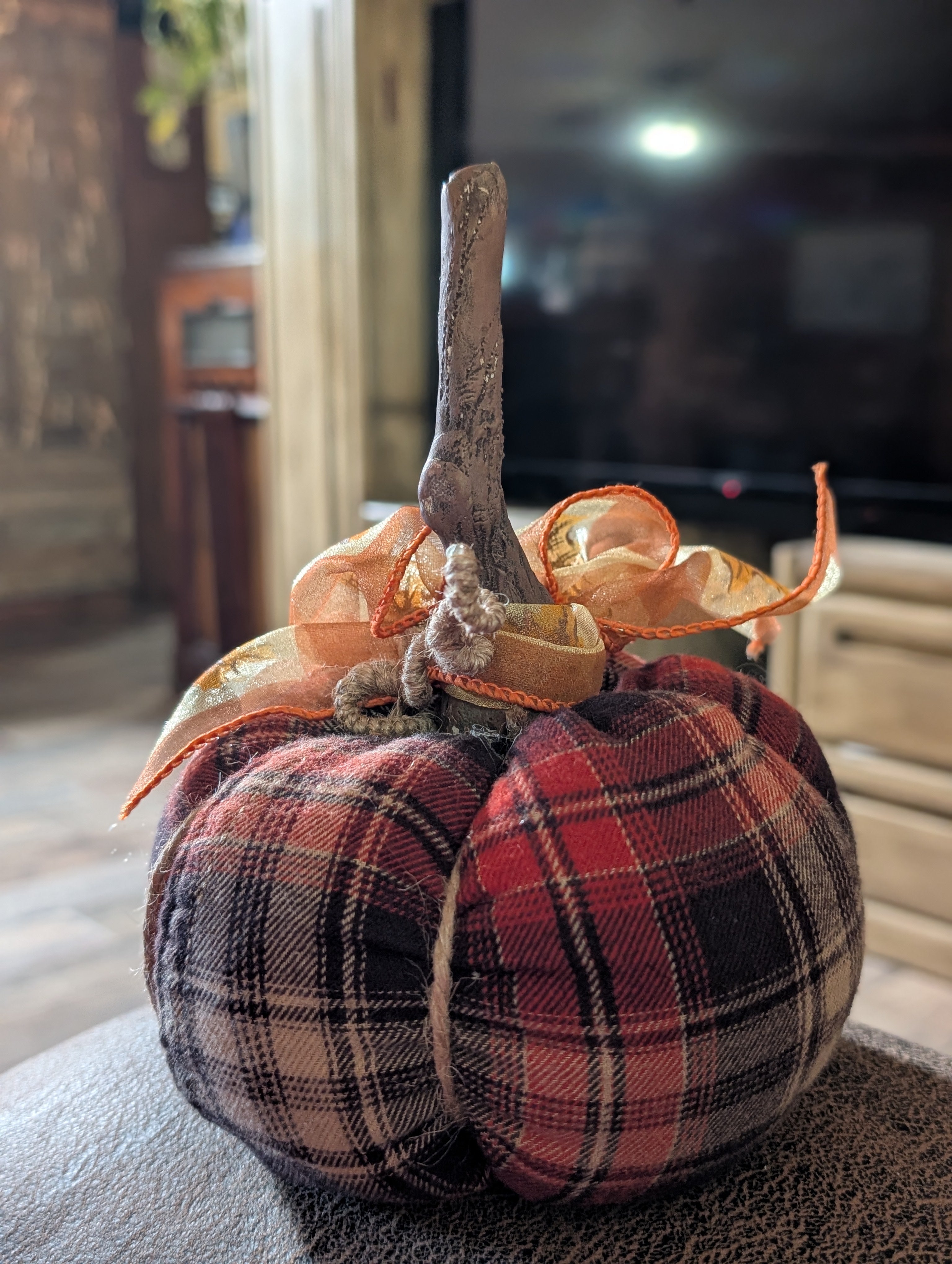 Medium Upcycled Flannel Pumpkin - Handmade Fall Decor