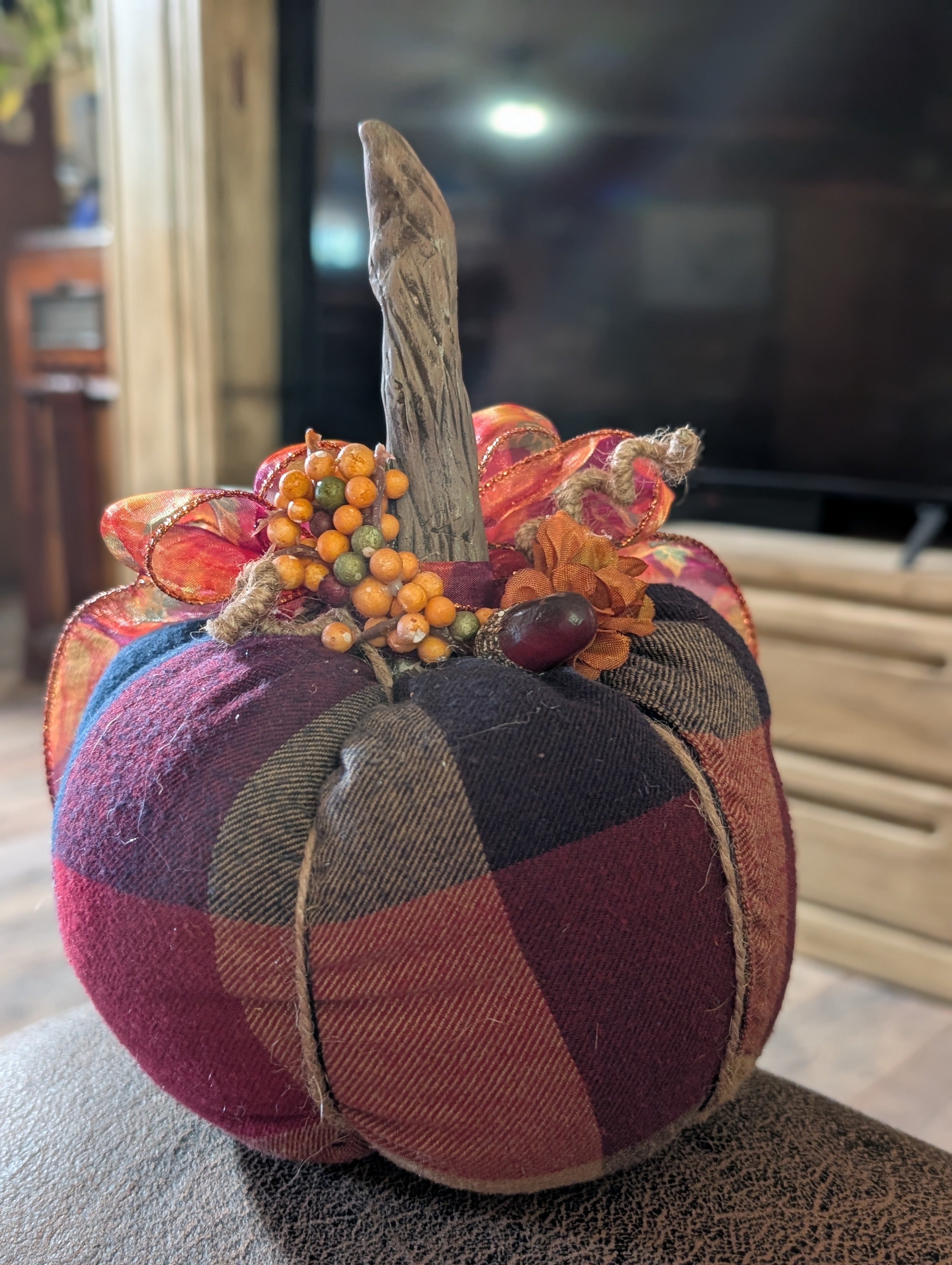 Large Upcycled Flannel Pumpkin - Handmade Fall Decor
