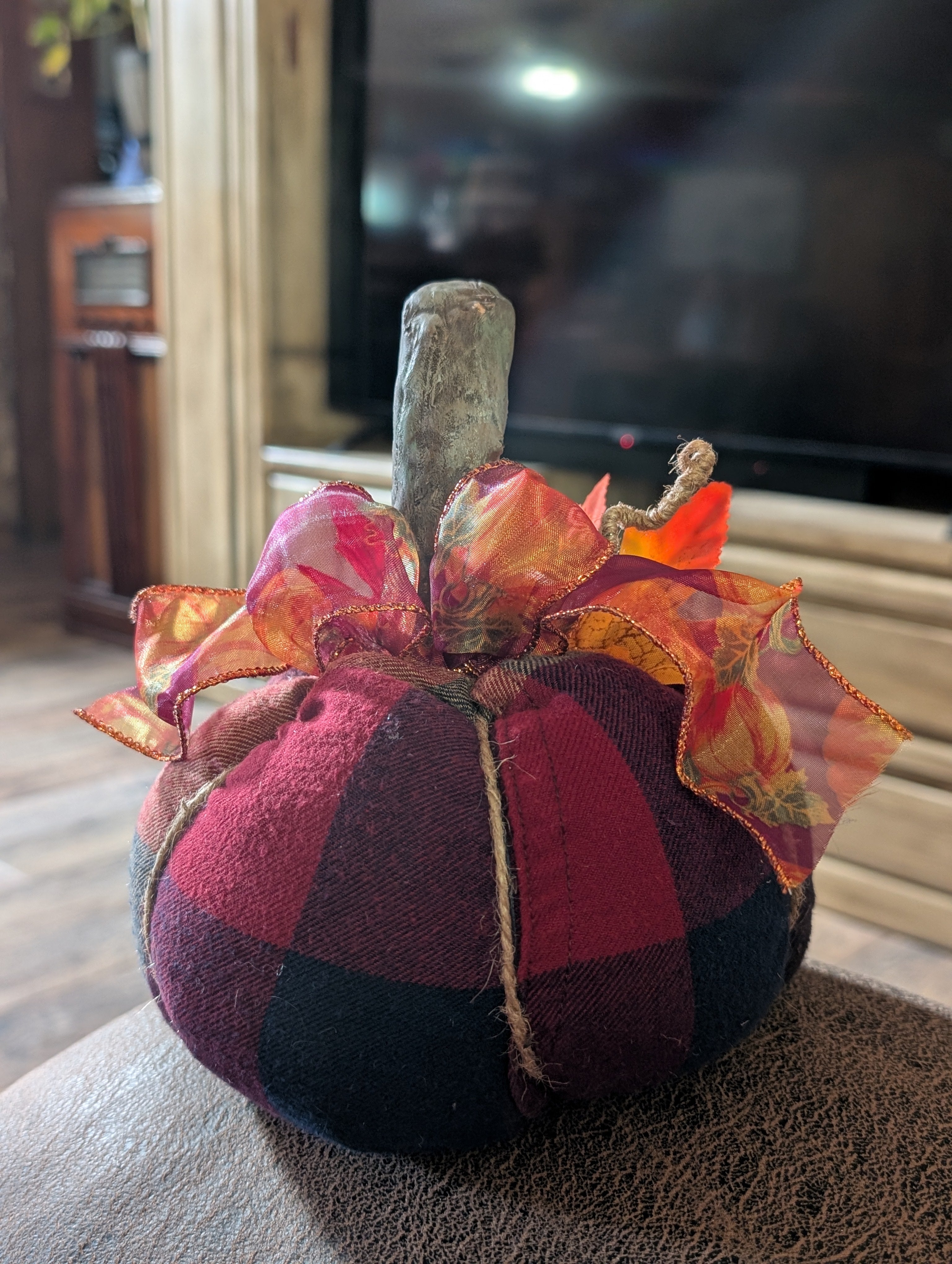 Large Upcycled Flannel Pumpkin - Handmade Fall Decor