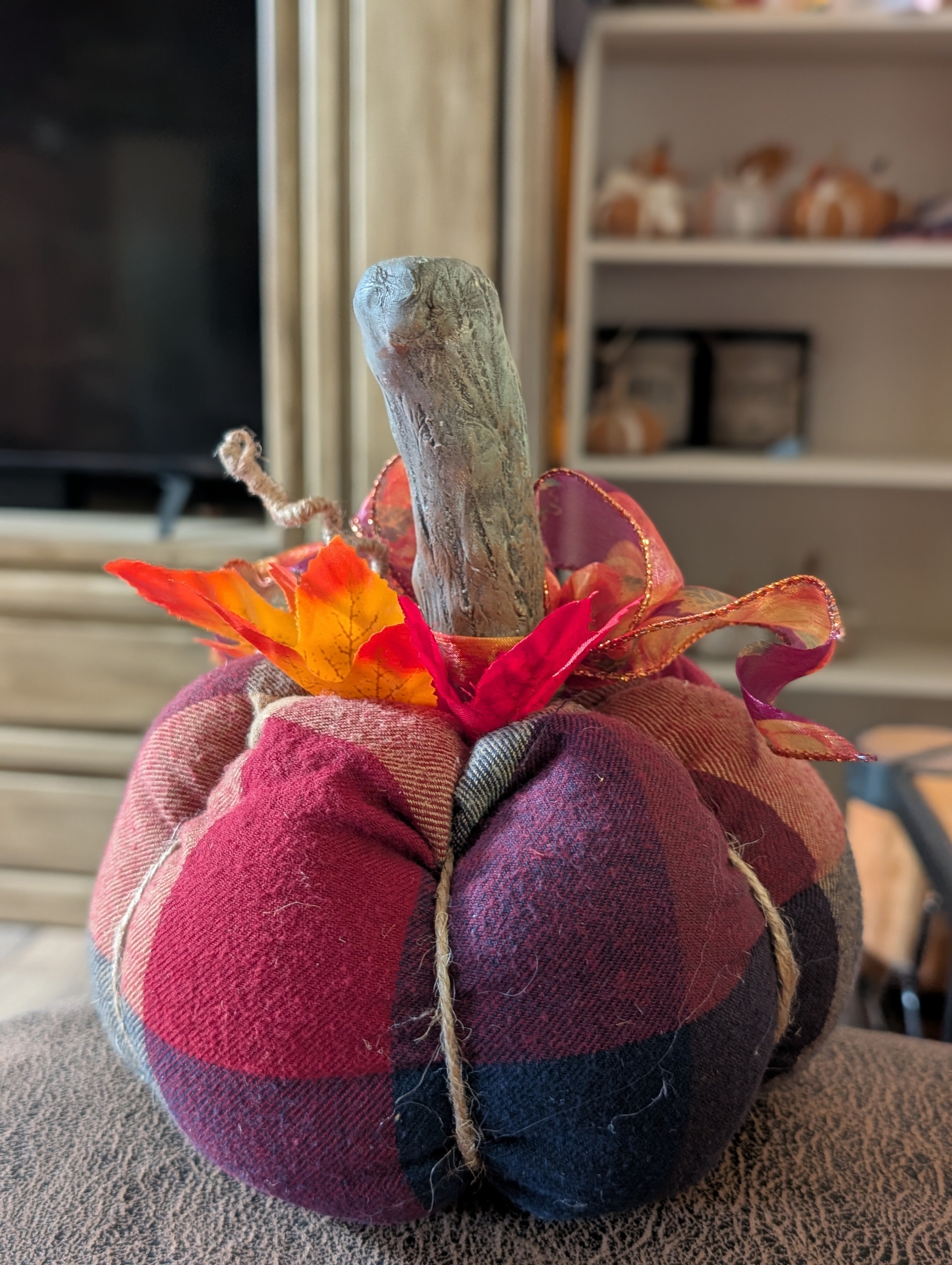 Large Upcycled Flannel Pumpkin - Handmade Fall Decor
