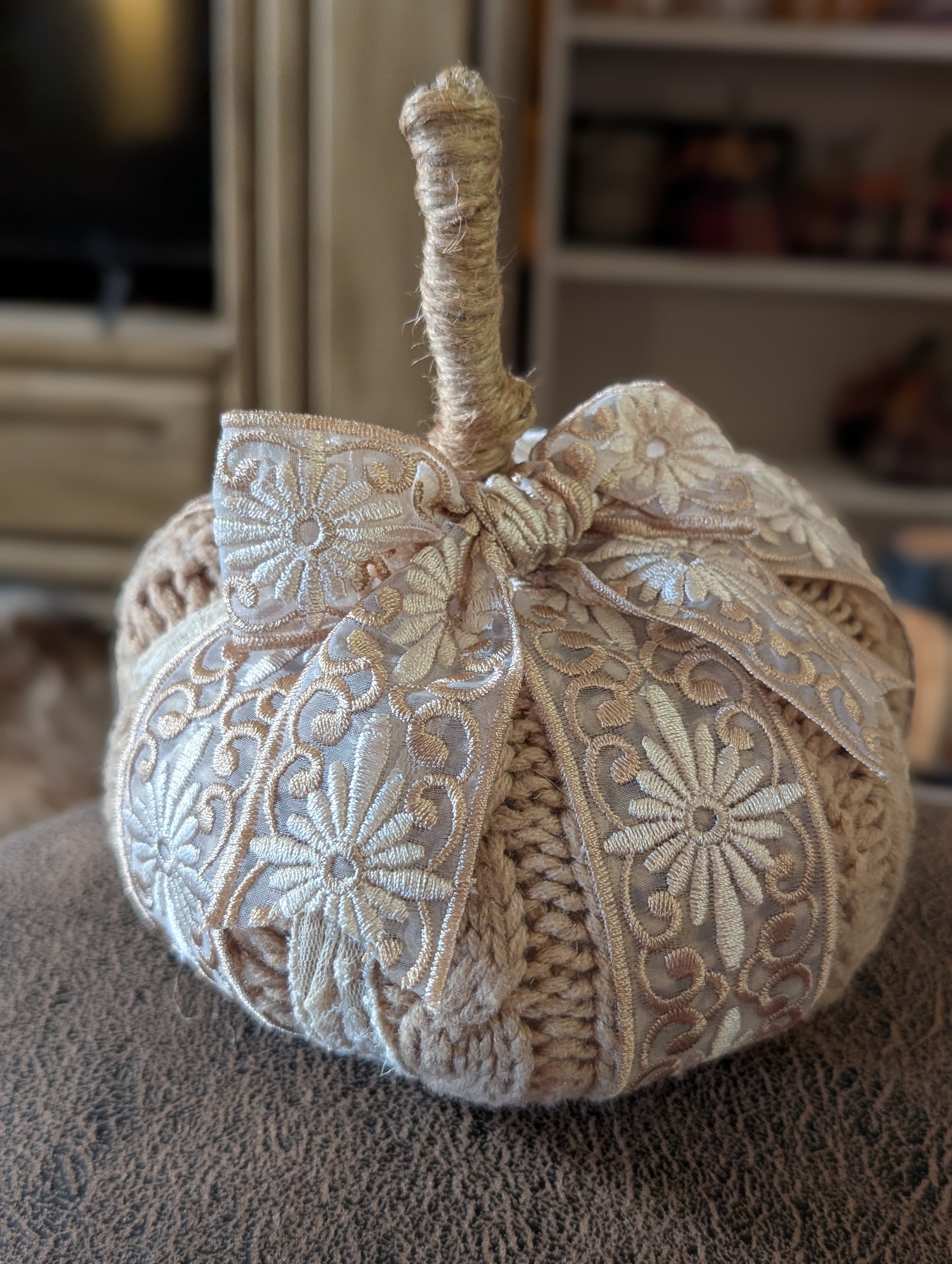 Medium Upcycled Sweater Pumpkin with Floral Lace Trim & Bow | Handmade Fall Decor