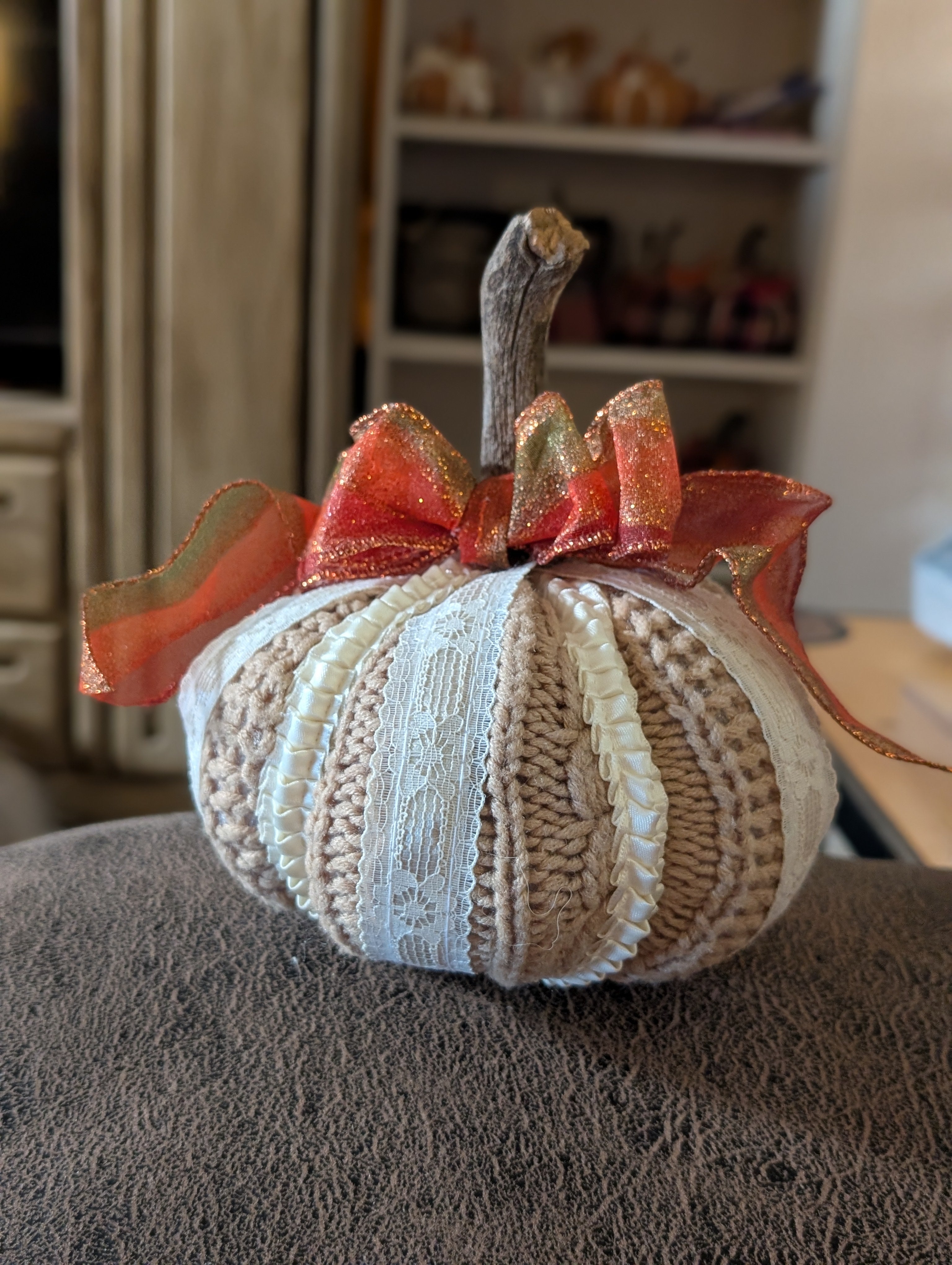 Medium Upcycled Sweater Pumpkin with Tri-Color Sheer Ribbon Bow | Handmade Fall Decor