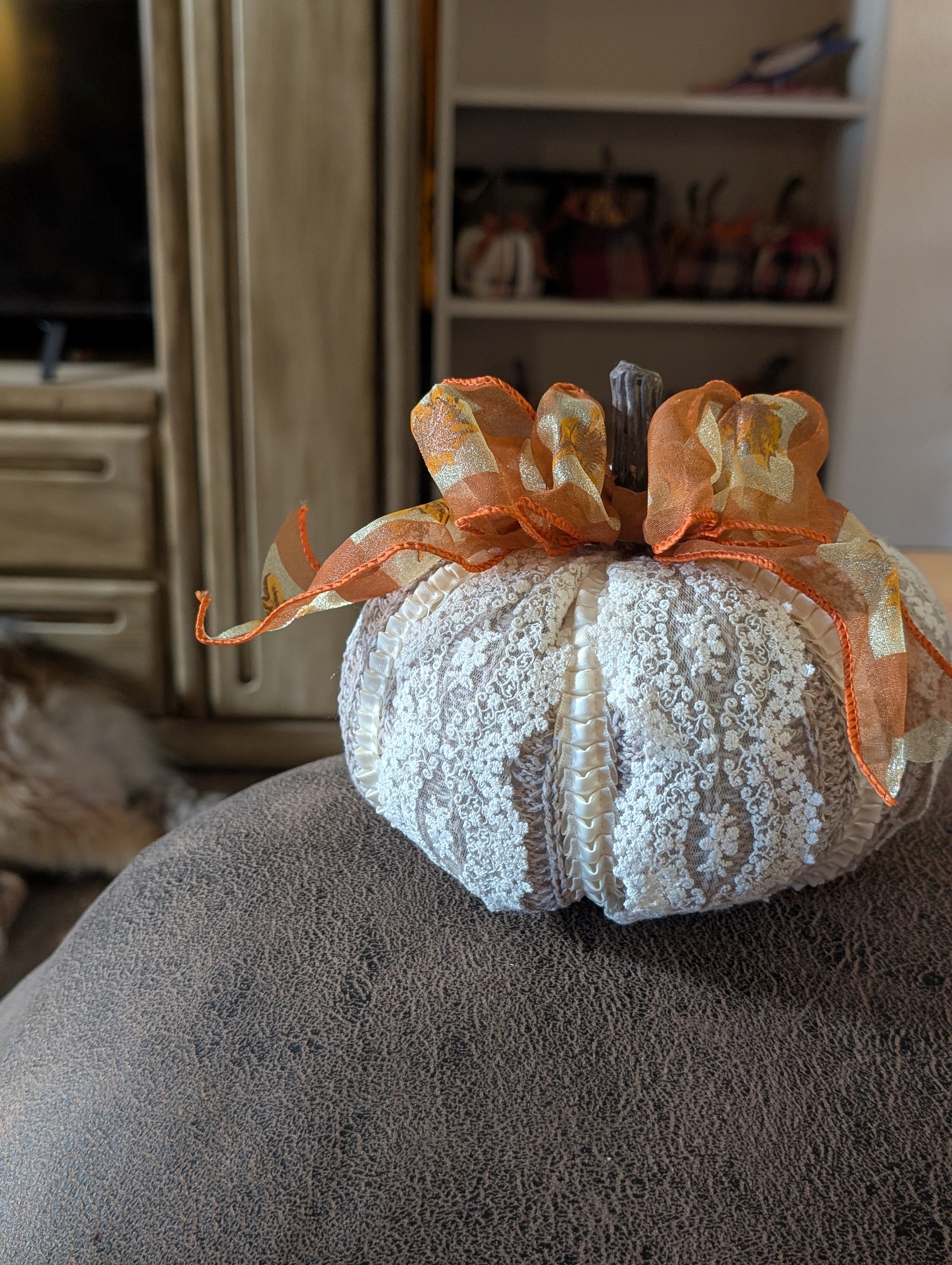 Large Upcycled Sweater Pumpkin with Sheer Ribbon Bow & Satin Trim | Handmade Fall Decor
