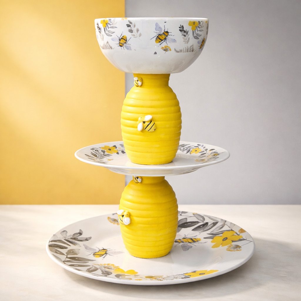 Handmade Bee-Themed 3-Tier Serving Tray - Glass & Ceramic Display Stand