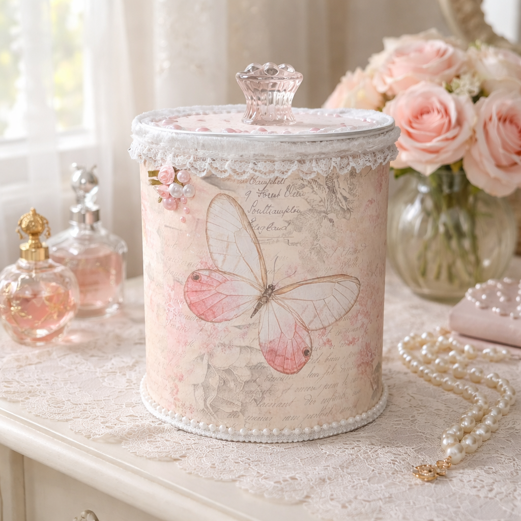 Handmade Shabby Chic Upcycled Tin Can - Pink Butterfly Storage