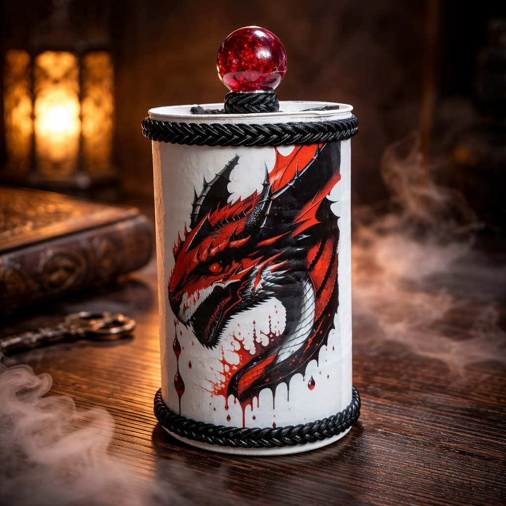 Red Dragon Gaming Dice Holder - Handmade Felt-Lined Tin Container