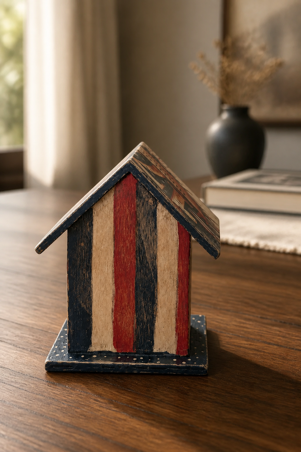 Hand-Painted Patriotic Birdhouse Shelf Sitter | Tiered Tray Decor | 4th of July & Memorial Day