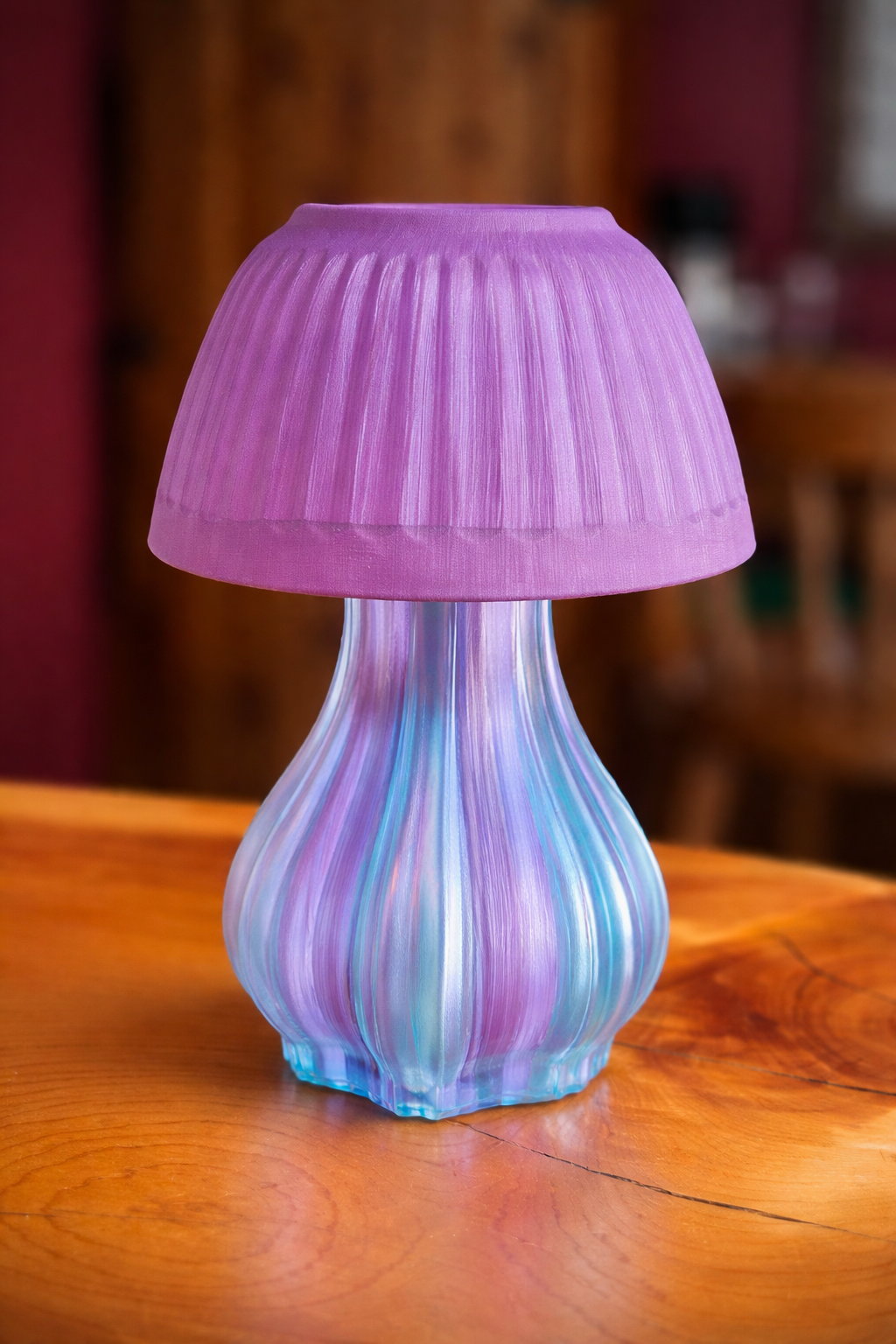 Upcycled Glass Mushroom Lamp with Fairy Lights - Purple Blue Twilight