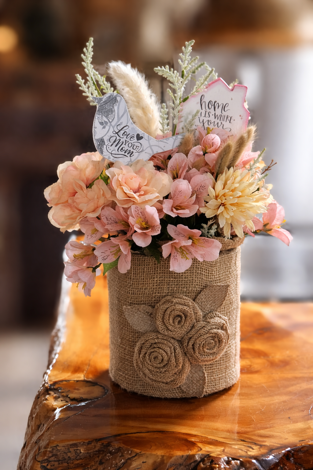 Burlap Upcycled Tin Can with Faux Flowers & Wood Picks - Mother's Day