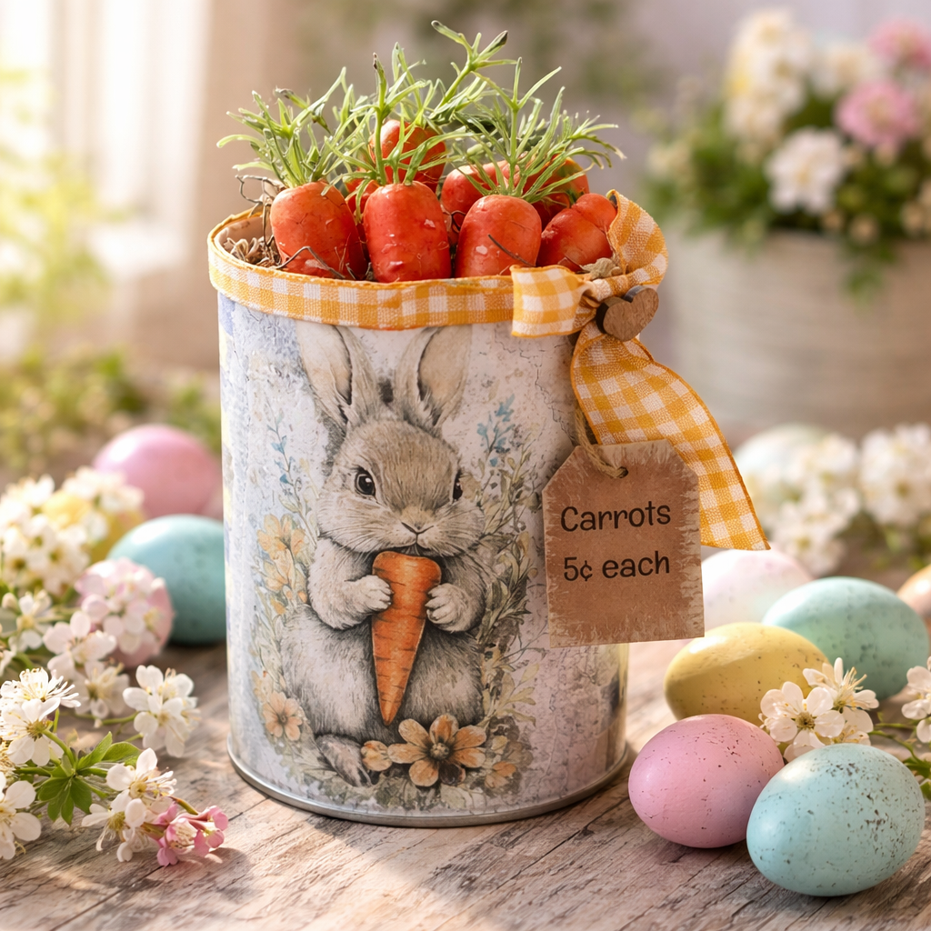 Easter Bunny with Carrots Tin Can Decor - Upcycled Spring Decoration