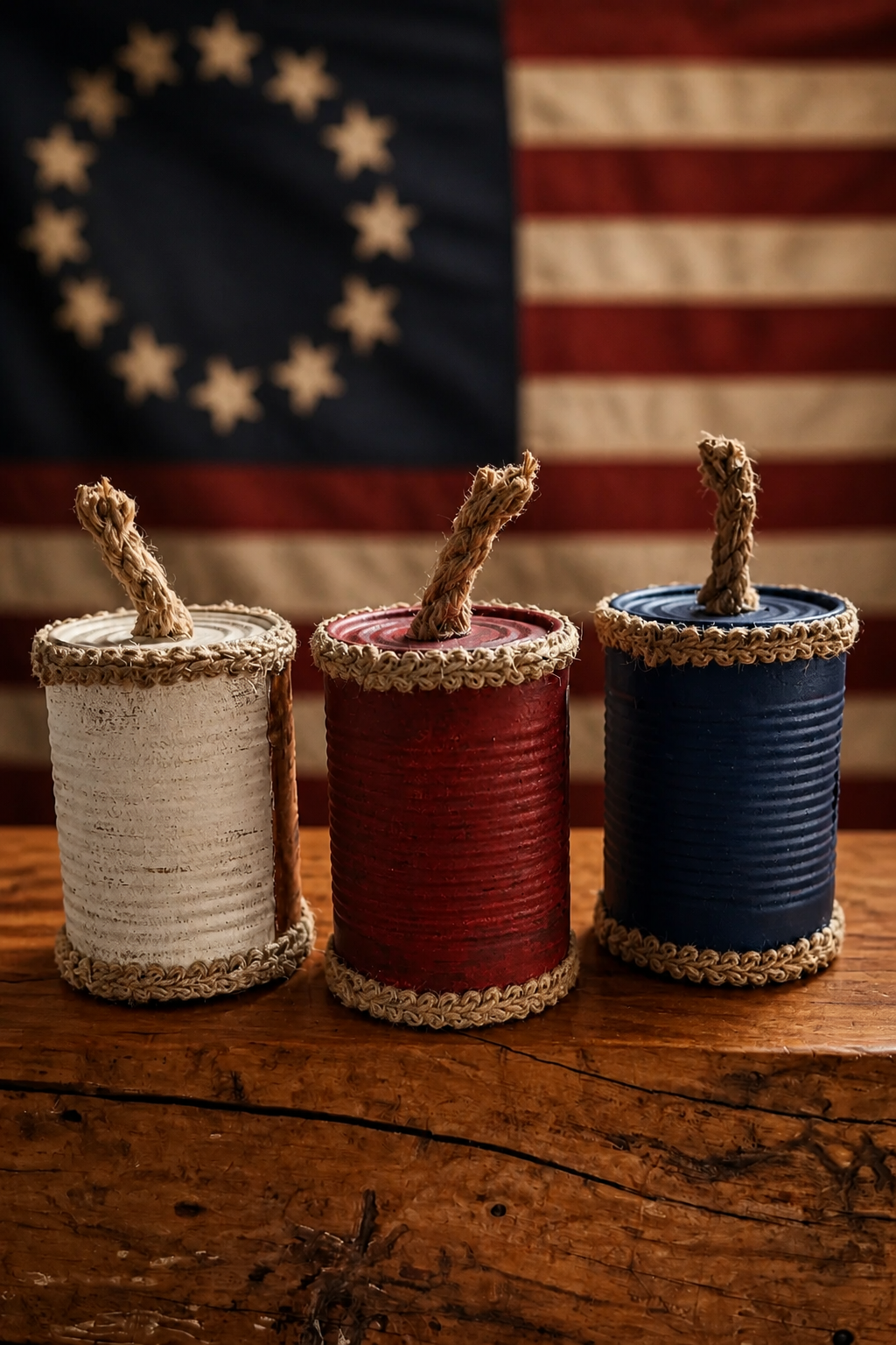 Set of 3 Upcycled Tin Can Faux Fireworks – Americana 4th of July Decor