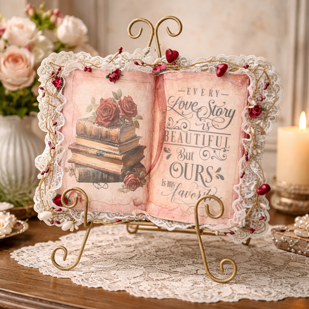 Handmade Valentine Altered Book - Romantic Shabby Chic Decor red