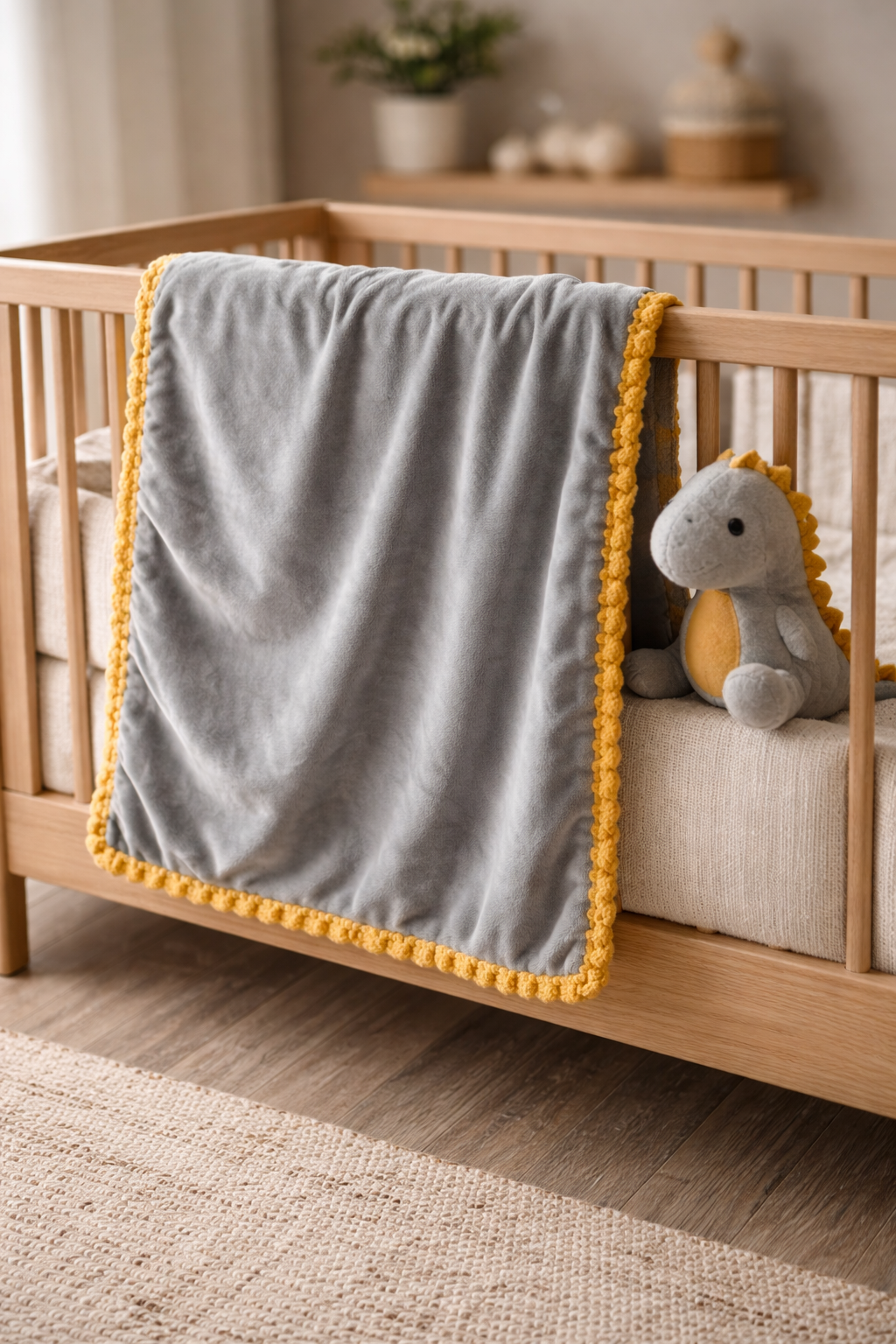 Handmade Baby Blanket - Yellow & Gray Dinosaur with Crocheted Trim