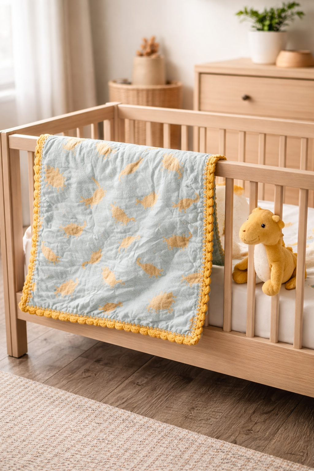 Handmade Baby Blanket - Yellow & Gray Dinosaur with Crocheted Trim