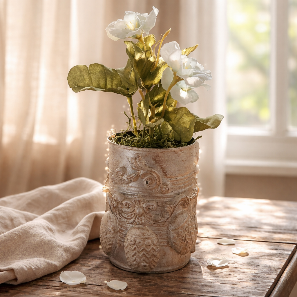 Easter Baby Chick Tin Can - Upcycled Decor with Eggs & Flowers