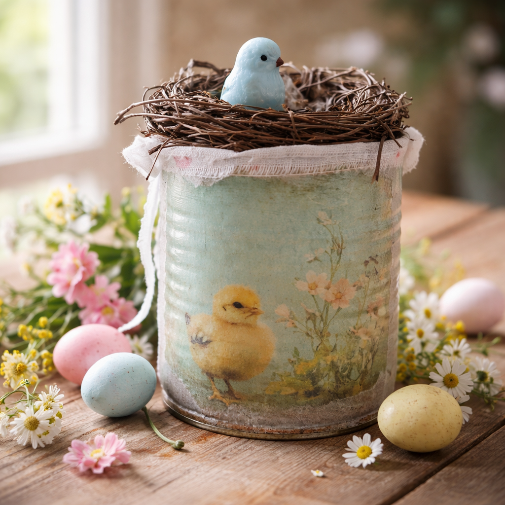 Mini Easter Tin Can - Baby Chick with Bird Nest - blue