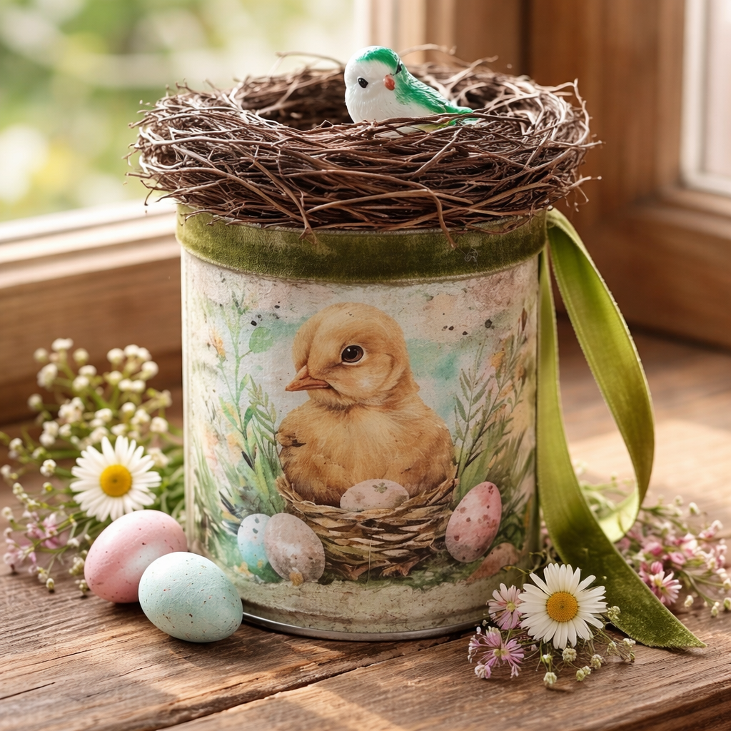 Mini Easter Tin Can - Baby Chick with Bird Nest & Green Ribbon