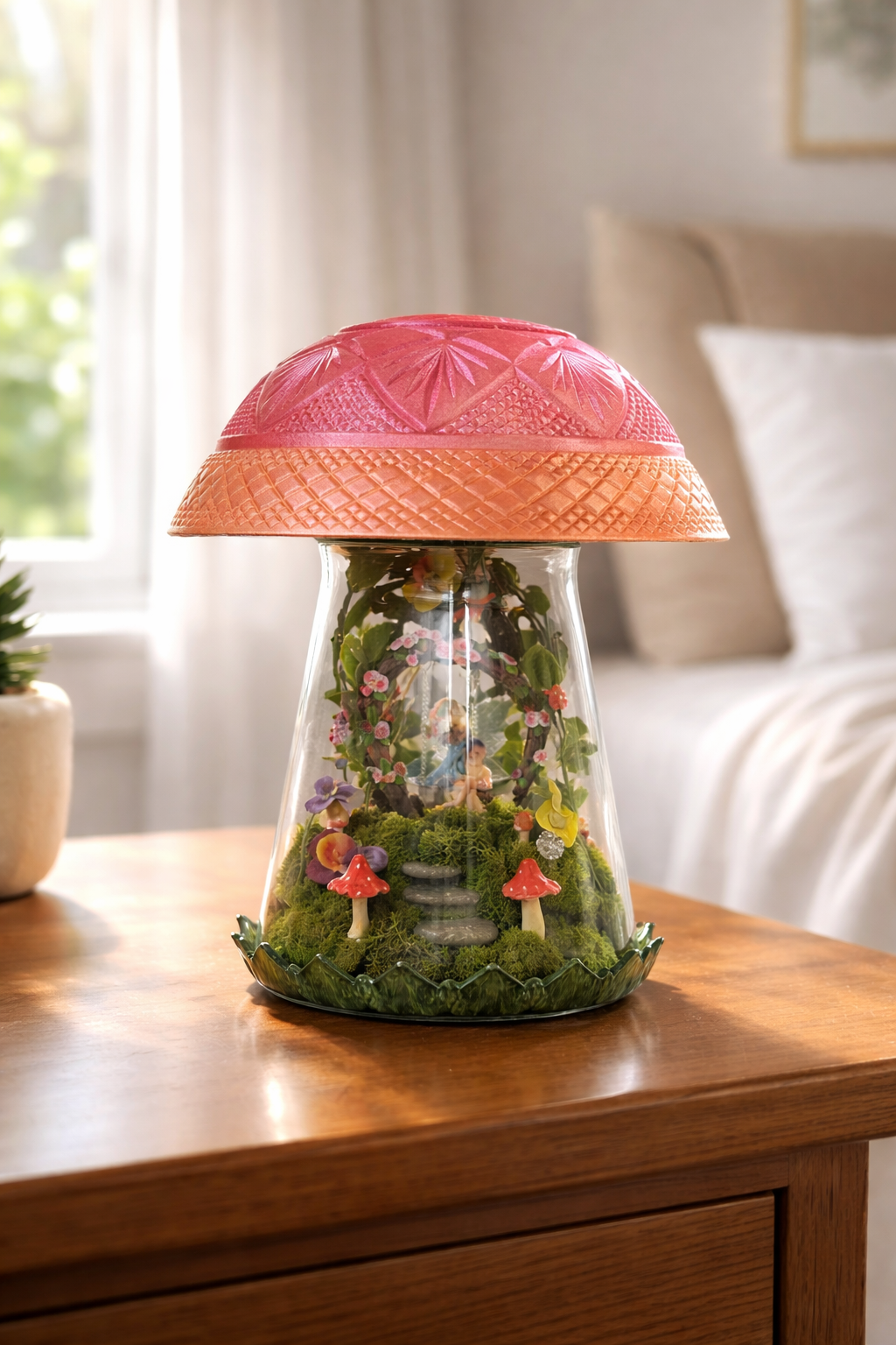 Mushroom Fairy Cloche with Lights - Enchanted Glass Dome Decor