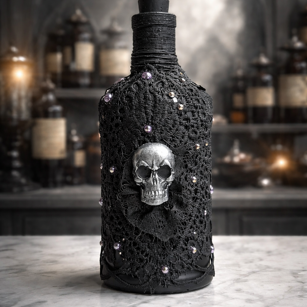 Gothic Skull Bottle - Handmade Upcycled Halloween Decor with Lace & Pearls