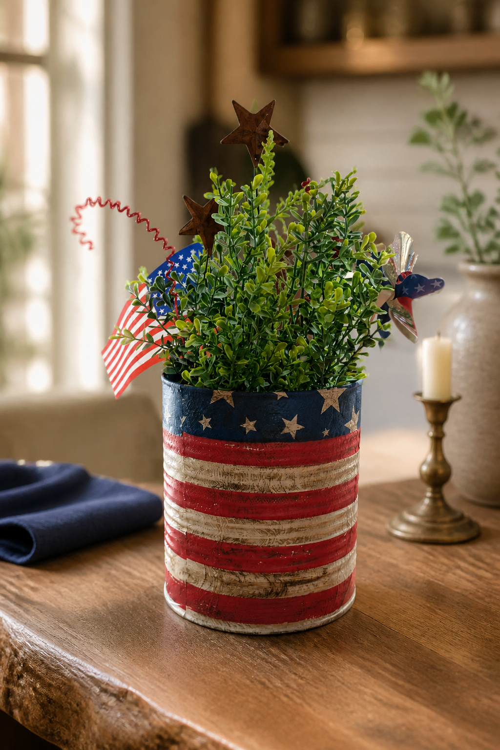 Memorial Day Centerpiece | Handmade Upcycled Tin Can | Patriotic Table Decor