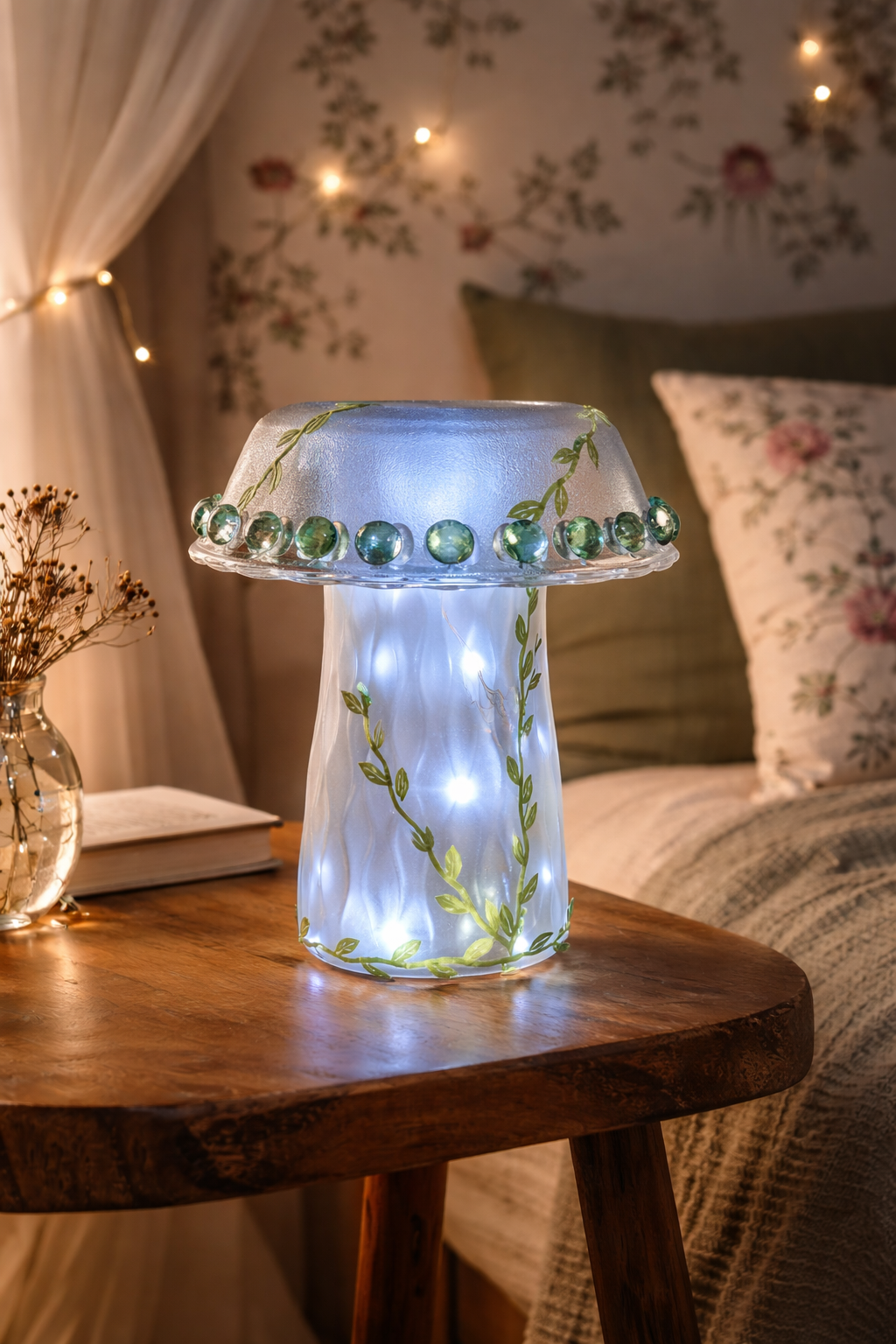 Upcycled Glass Mushroom Lamp with Fairy Lights - Green Vine Whimsy