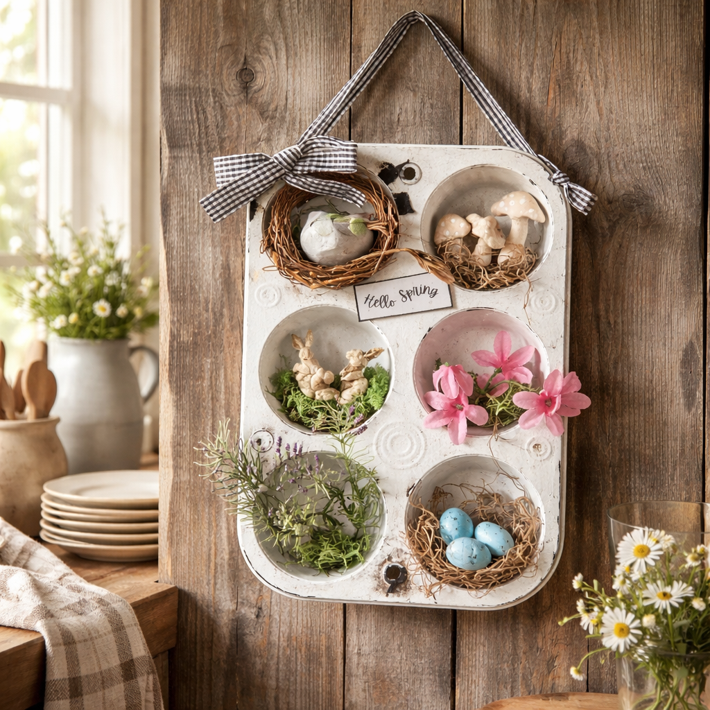 Upcycled Muffin Tin Spring Decor - Rustic Farmhouse Wall Art