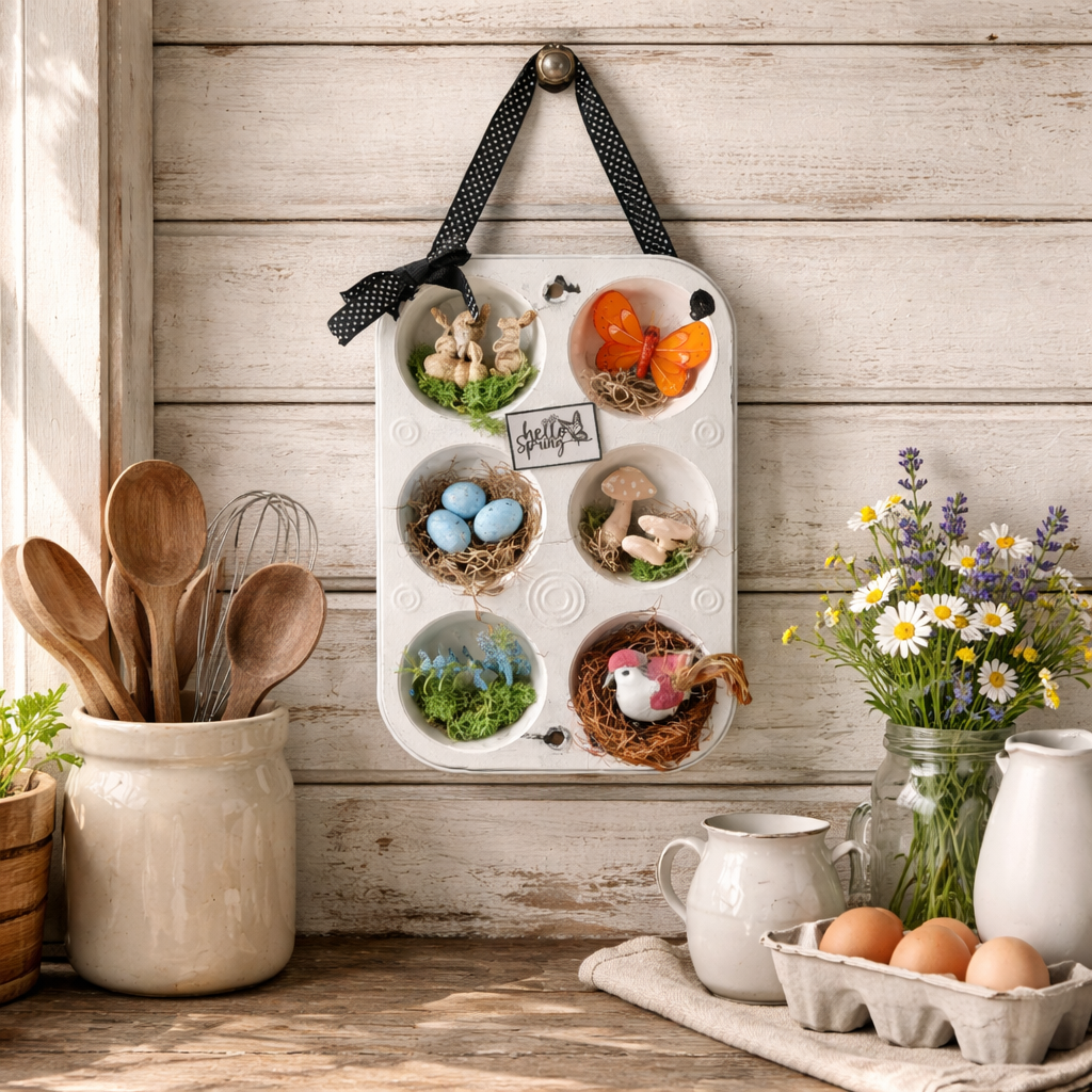 Upcycled Muffin Tin Spring Decor - Rustic Farmhouse Wall Art