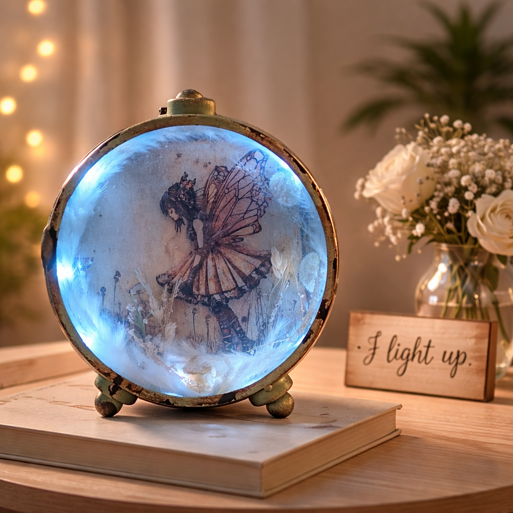 Fairy Shadow Box with Lights - Upcycled Clock Decor