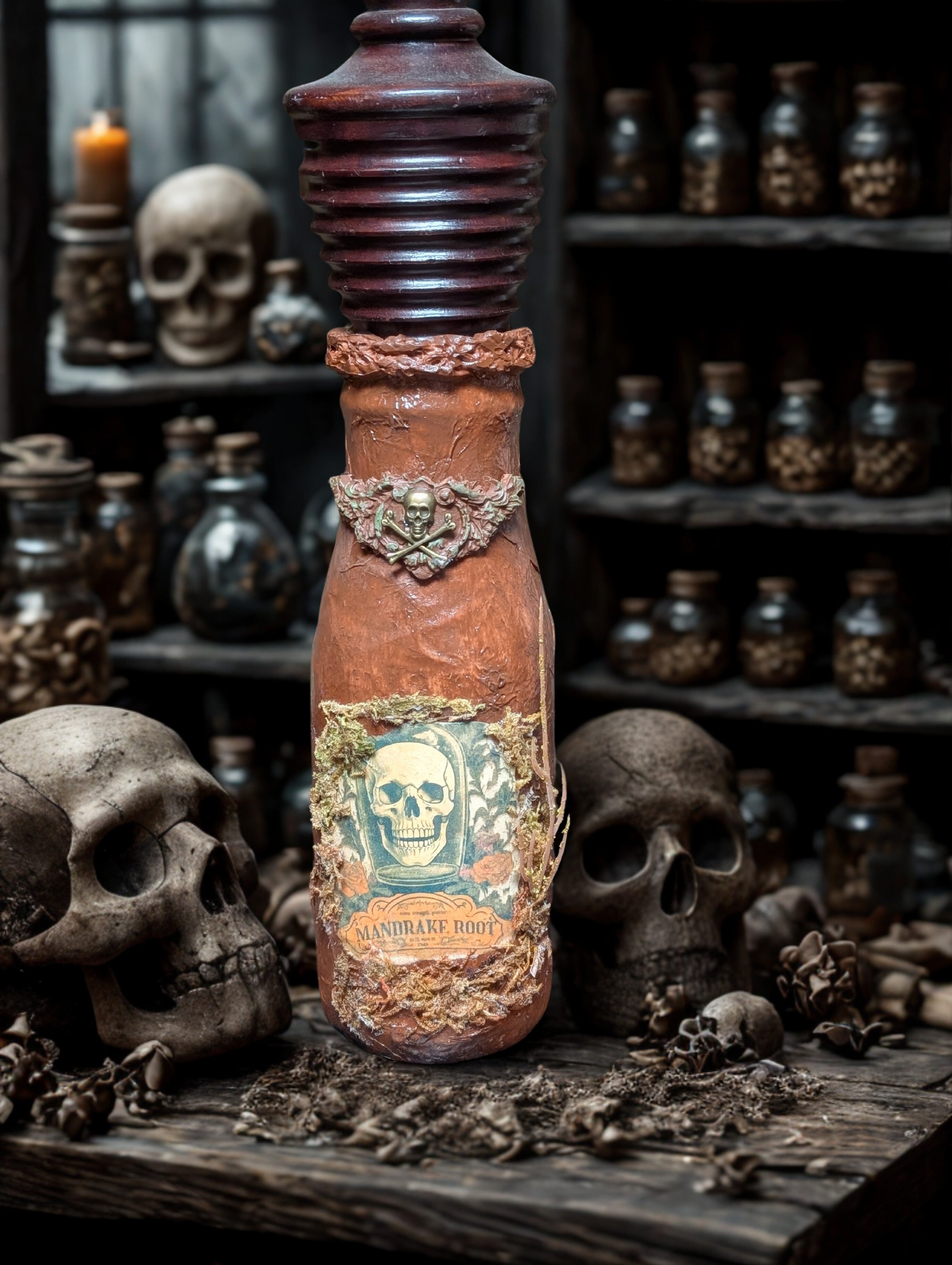 Halloween Potion Bottle - Mandrake Root Upcycled Decor
