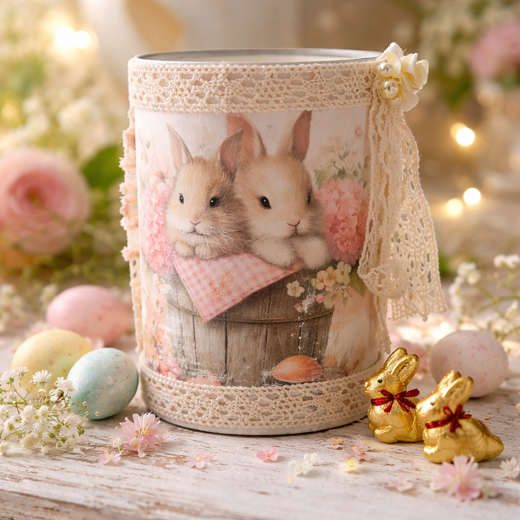 Shabby Chic Easter Tin Can - Two Bunnies in Barrel Upcycled Decor
