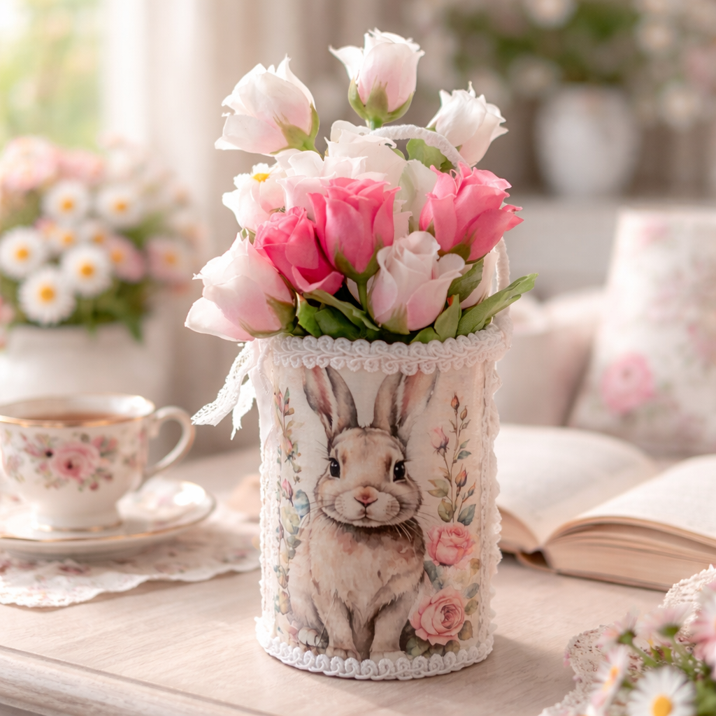 Shabby Chic Easter Bunny Tin Can - Upcycled with Pink Roses